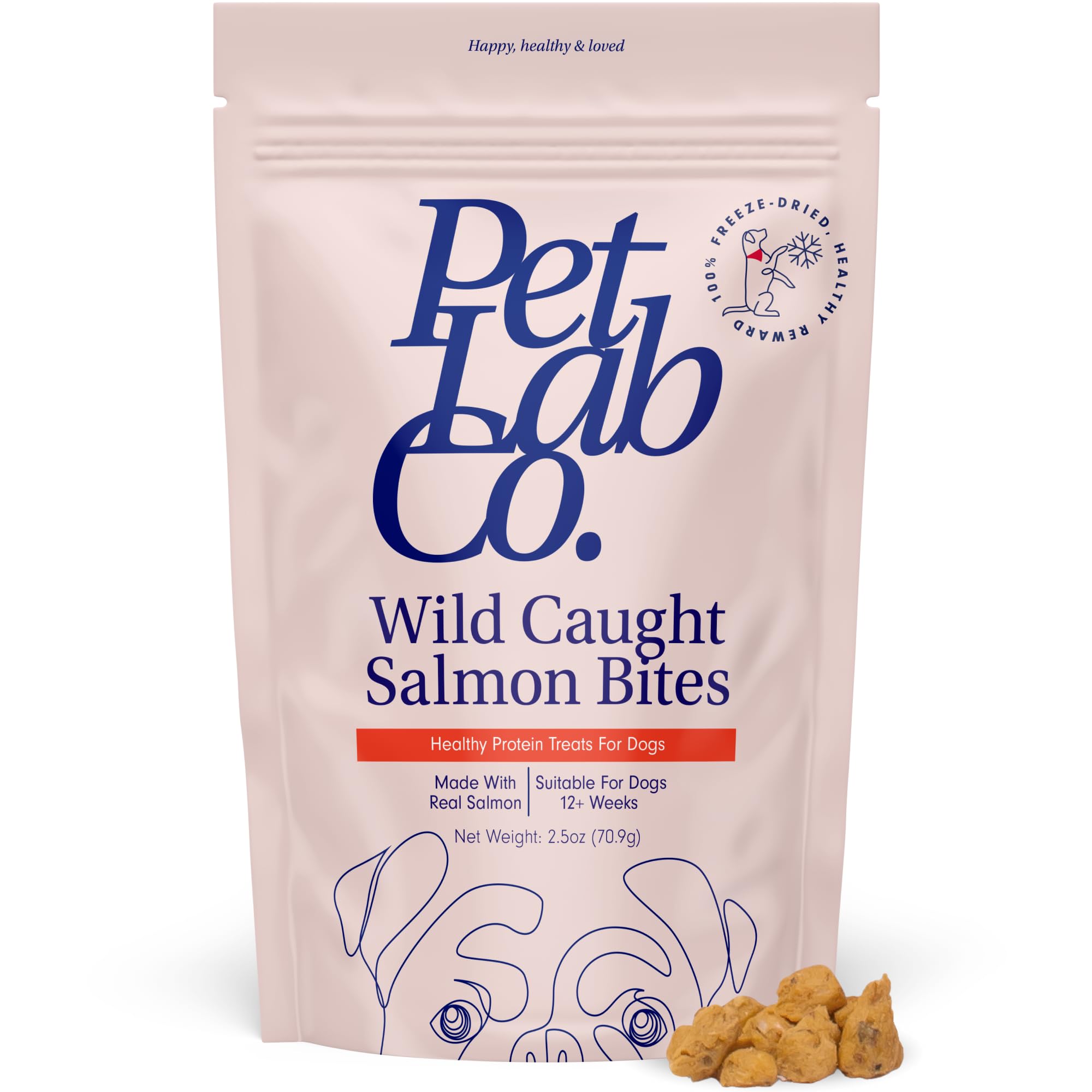 PetLab Co. trozos salmón liofilizado para perros, apoyando la piel y el pelaje.
