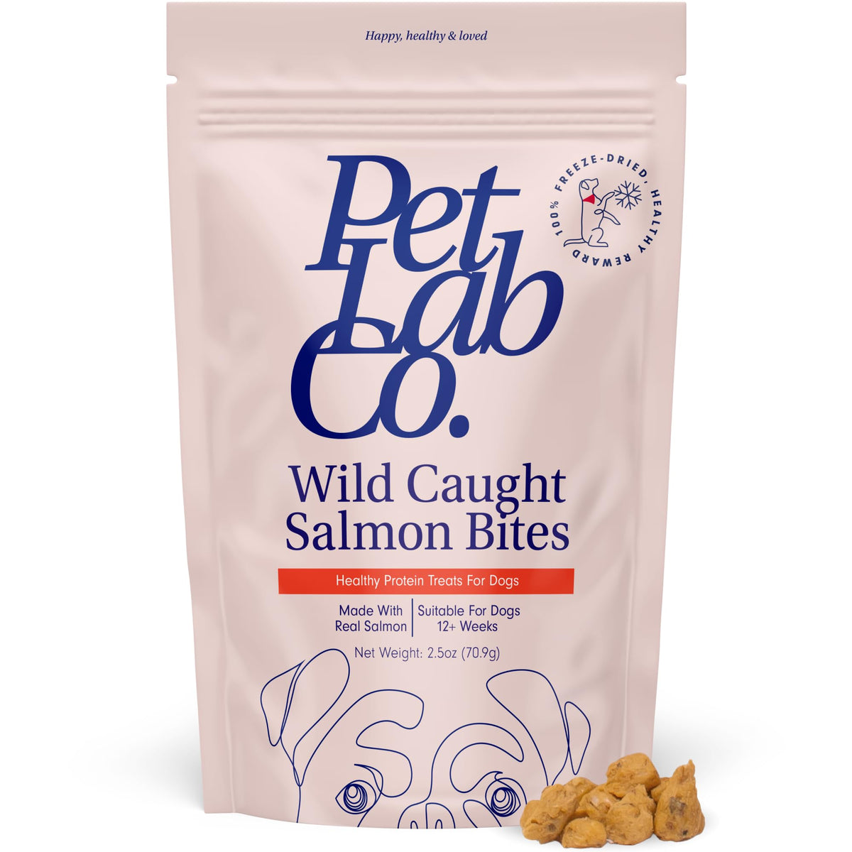 PetLab Co. trozos salmón liofilizado para perros, apoyando la piel y el pelaje.