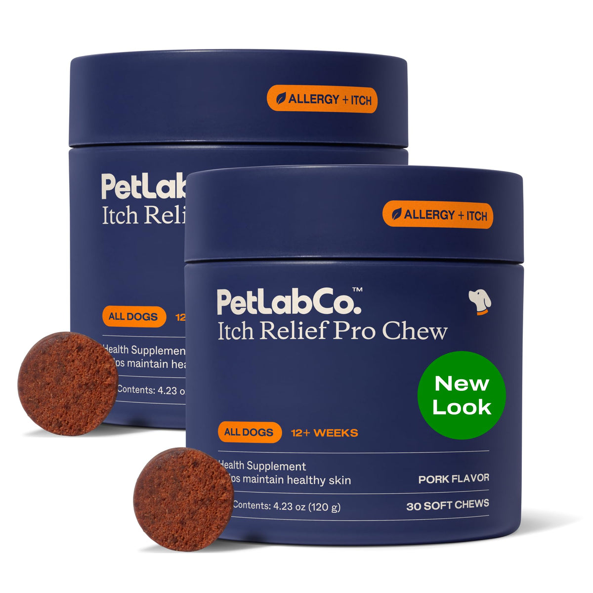 PetLab Co. Itch Relief Chew Pro en envase, ideal para cuidado diario de la piel canina.