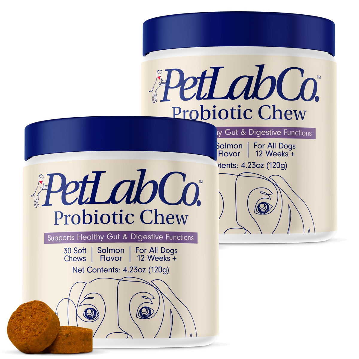 PetLab Co probióticos para perros, gomitas sabor salmón, apoyo digestivo diario.