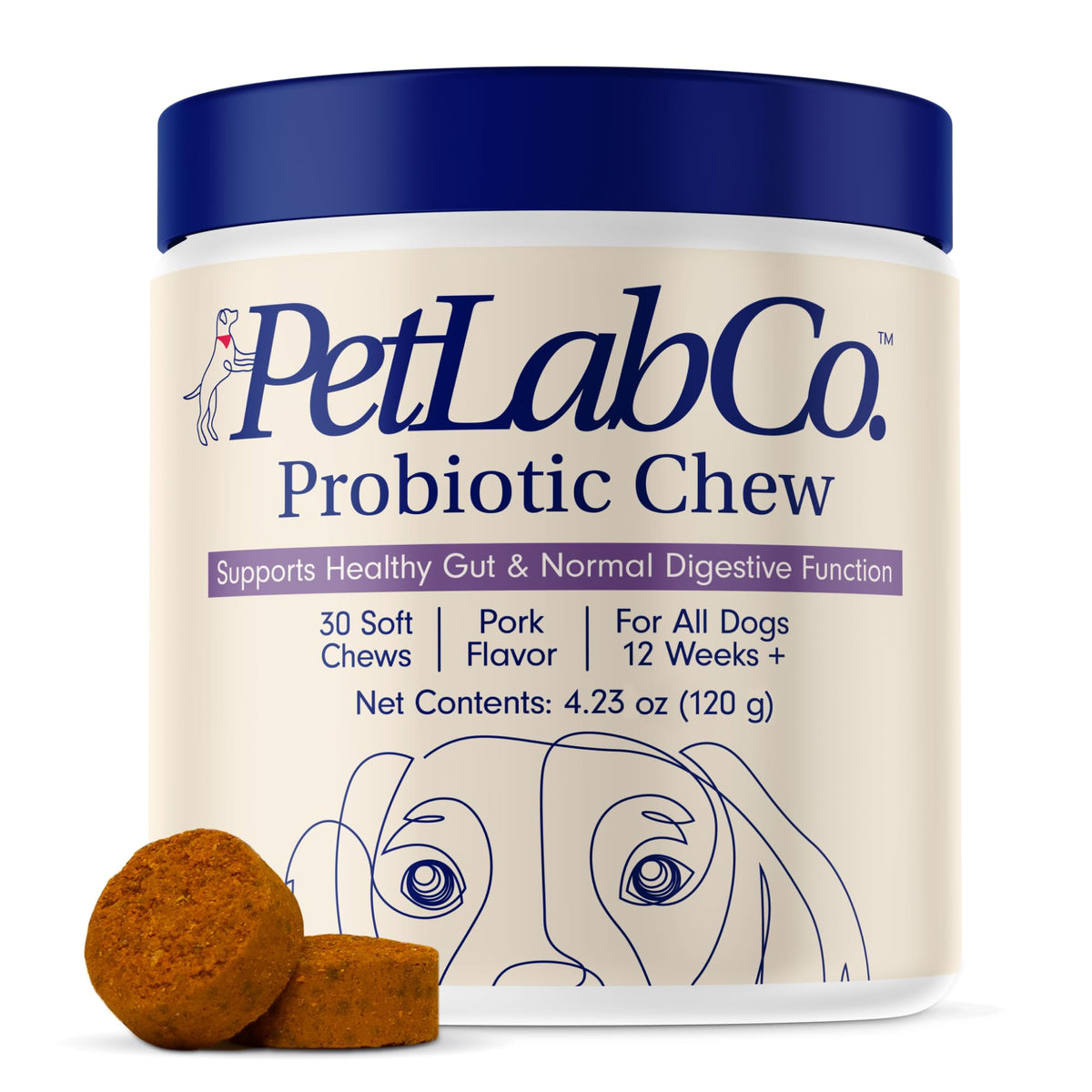 PetLab Co Probióticos para perros: botella con suplemento para salud intestinal.