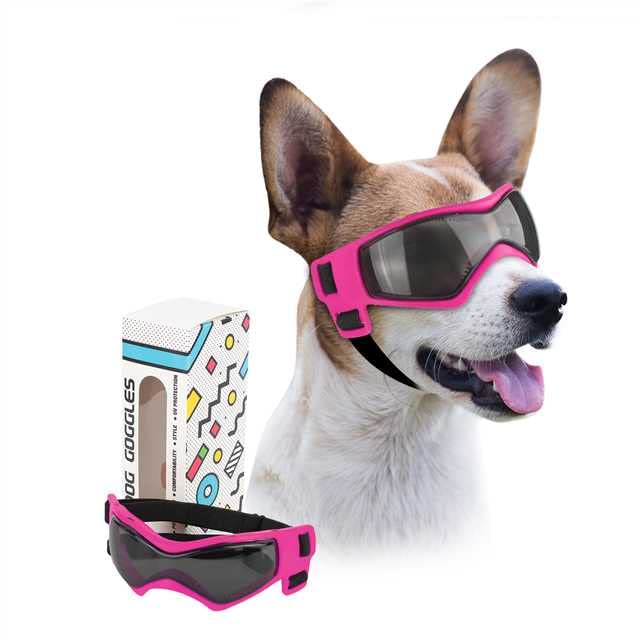 PETLESO gafas para perro mediano con diseño curvo, protección ocular en paseos al aire libre.