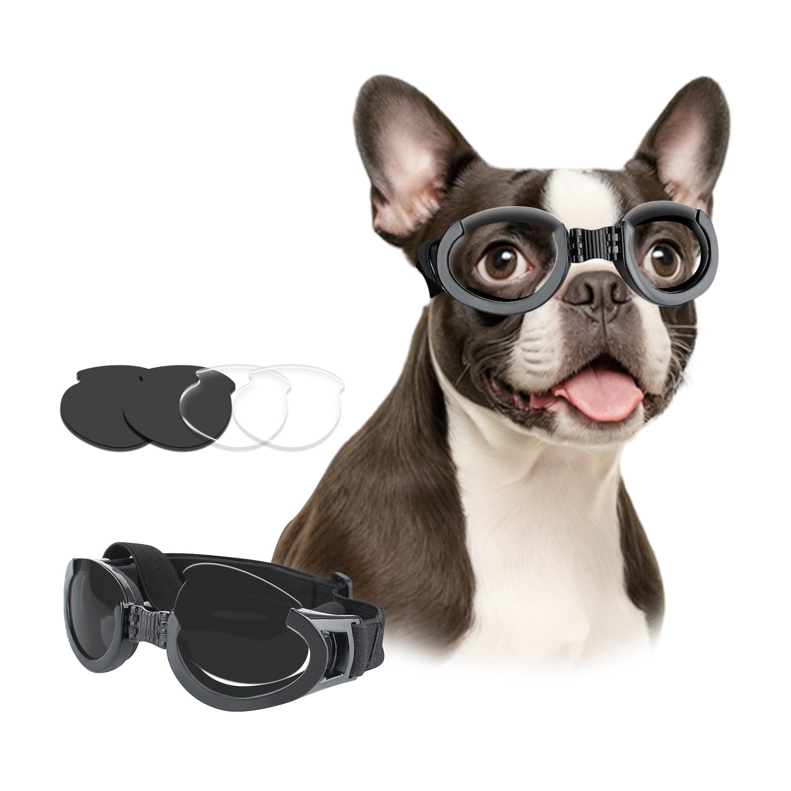PETLESO gafas para perros medianos con lentes intercambiables negros, protección UV durante paseos