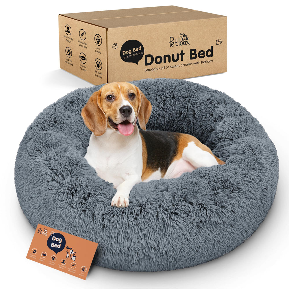 Petloox cama donut para perros redonda gris oscuro, refugio cómodo para siestas tranquilas