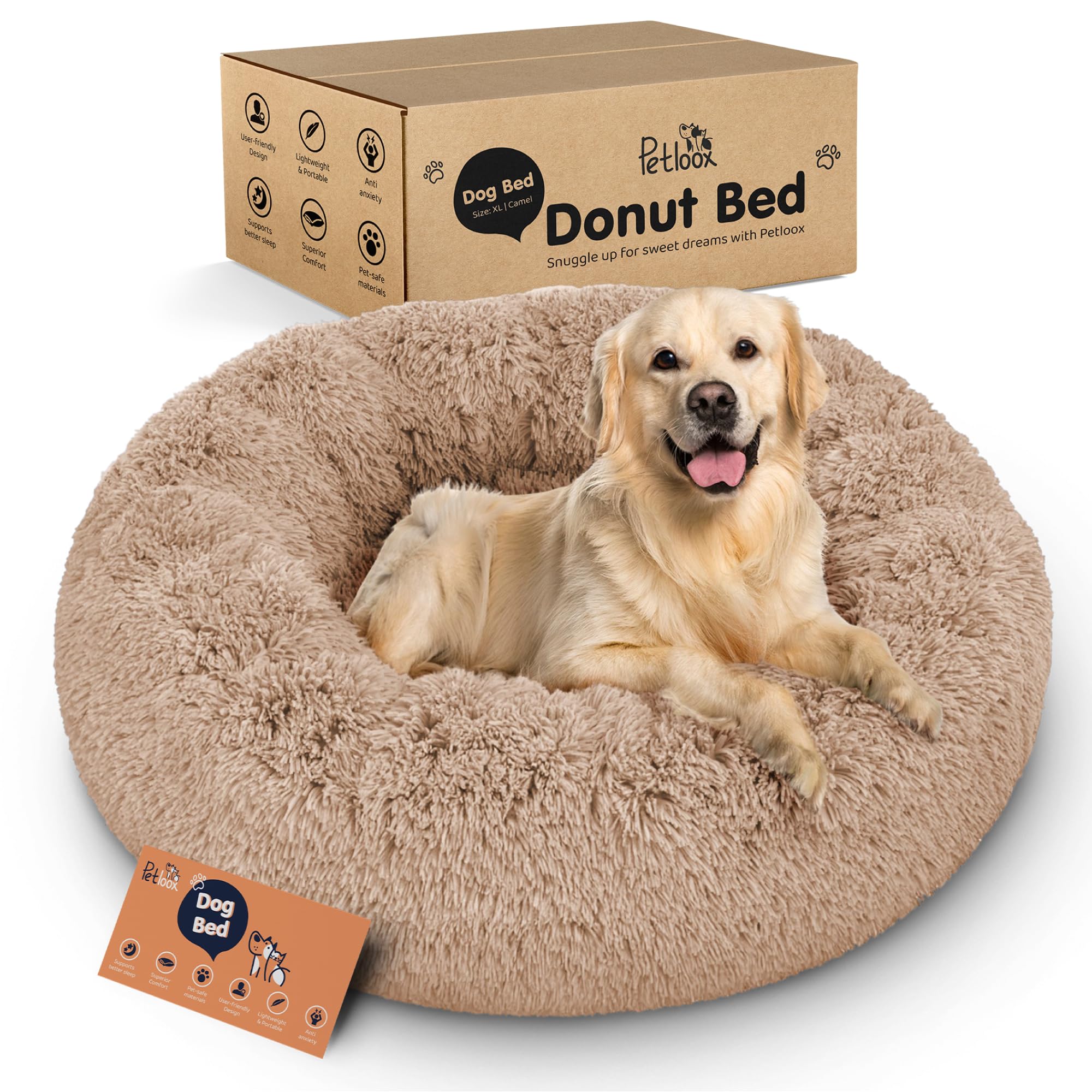 La cama Donut de Petloox camel XL, vista lateral, ofrece apoyo cálido.