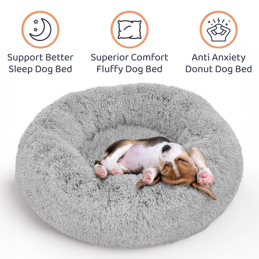 Petloox cama perrito redonda gris plush, diseño elegante y cómodo.