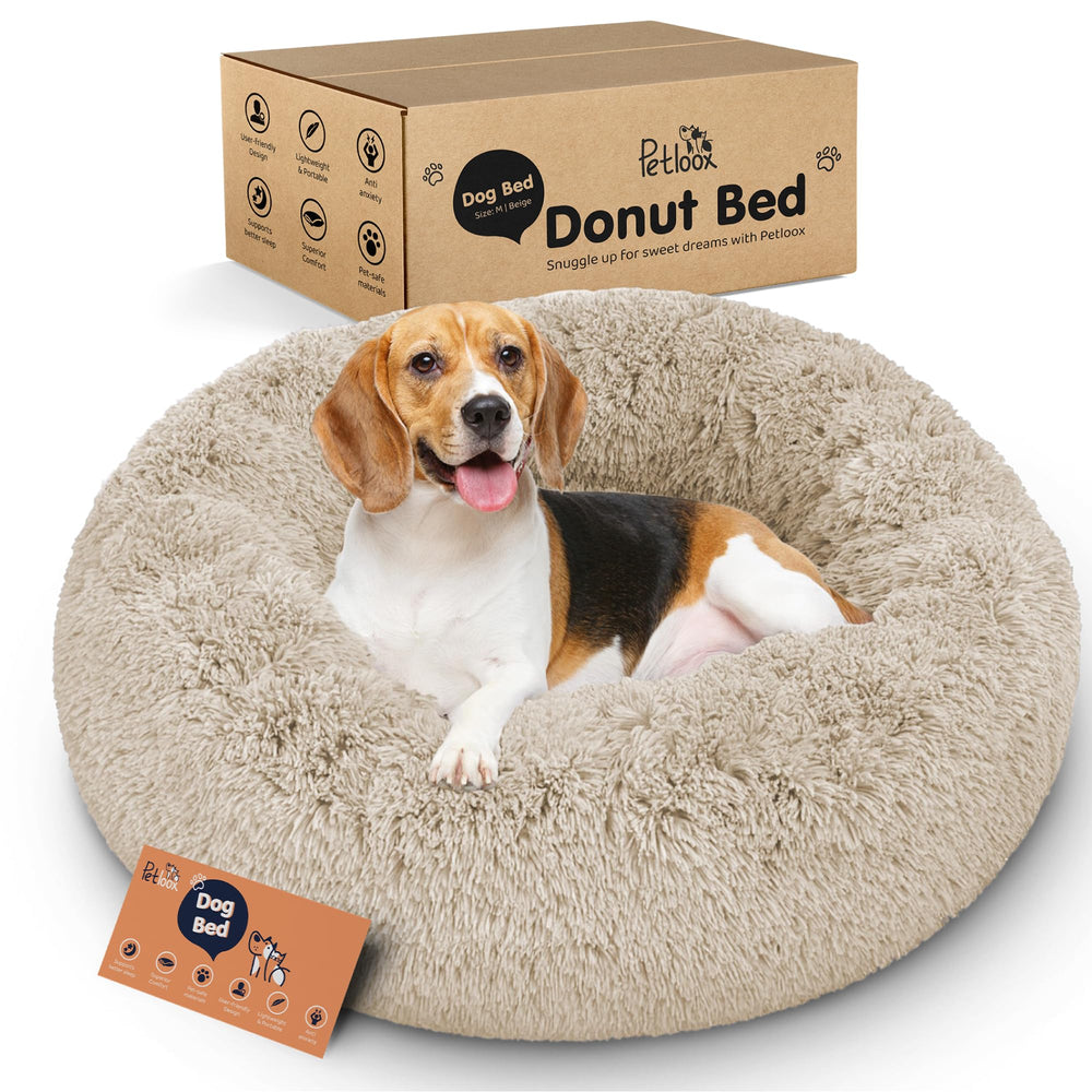 Petloox cama redonda beige para perros, descanso suave.