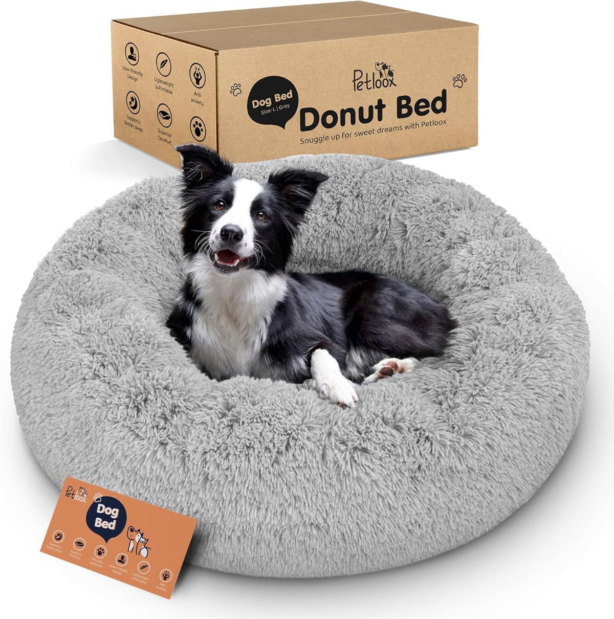 Petloox Donut cama para perros, diseño redondo suave en gris para comodidad y calma.