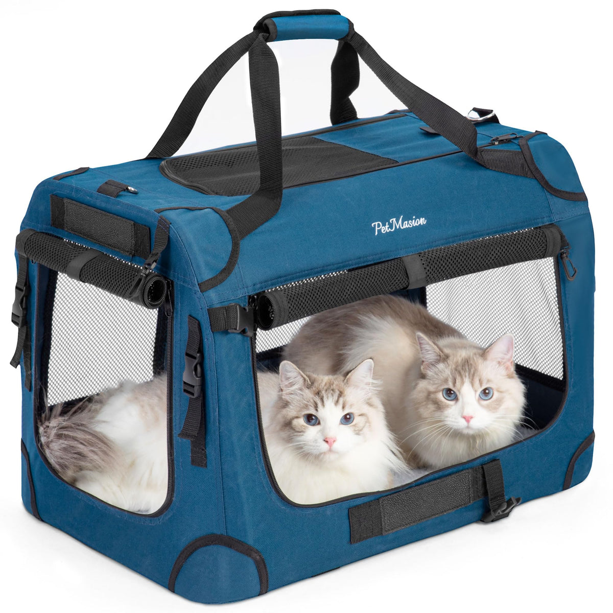 Transportín PetMasion, vista exterior azul Prusia, perfecto para viajar con gatos grandes