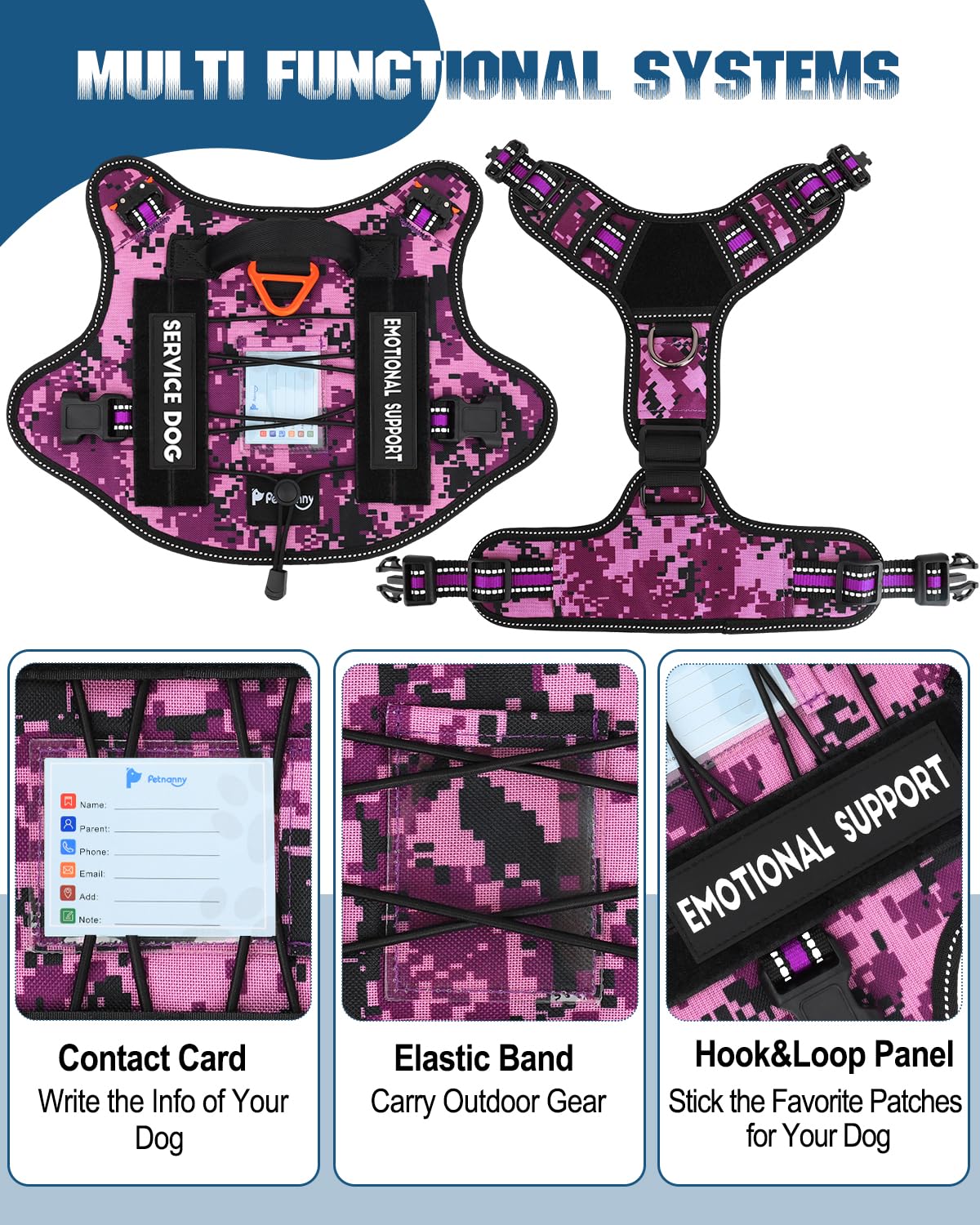 PETNANNY arnés camuflaje morado, estilo funcional para exteriores.