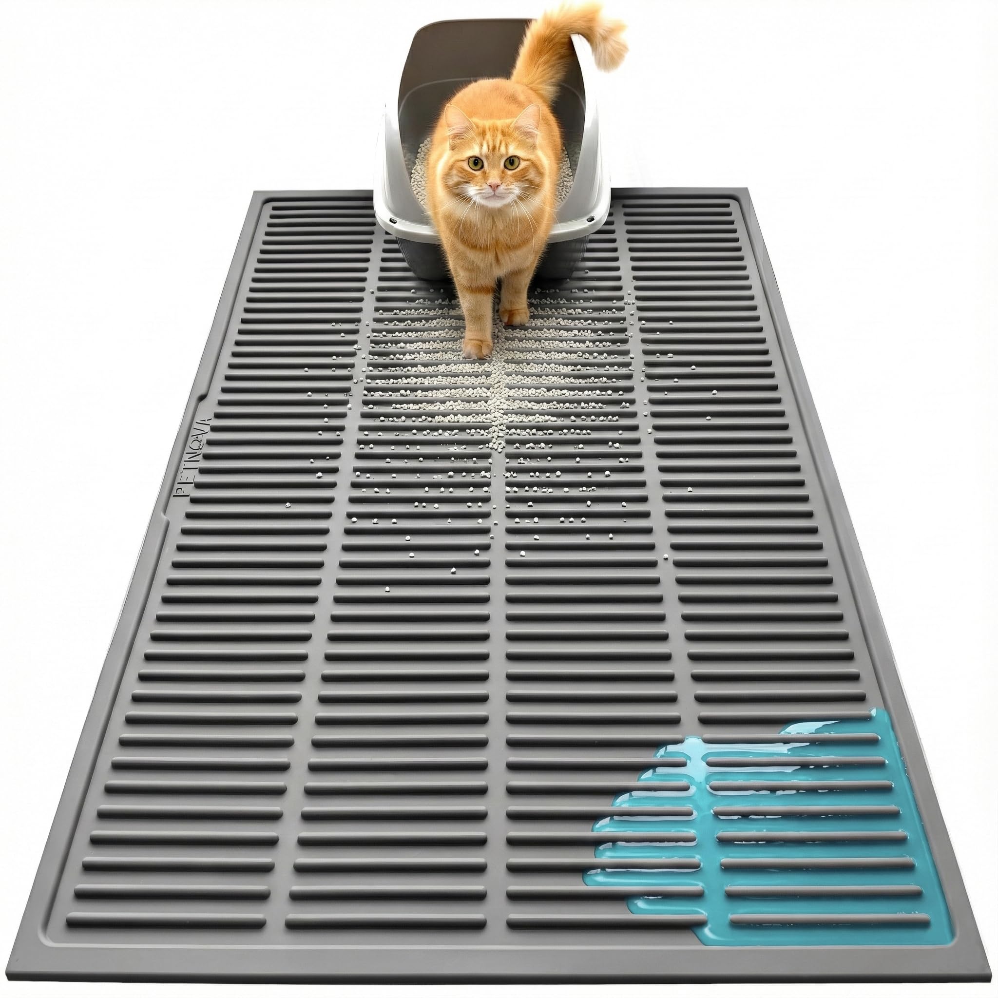 PetNova Alfombra Silicona: ranuras-trampa superiores capturan gránulos sueltos para menos limpieza