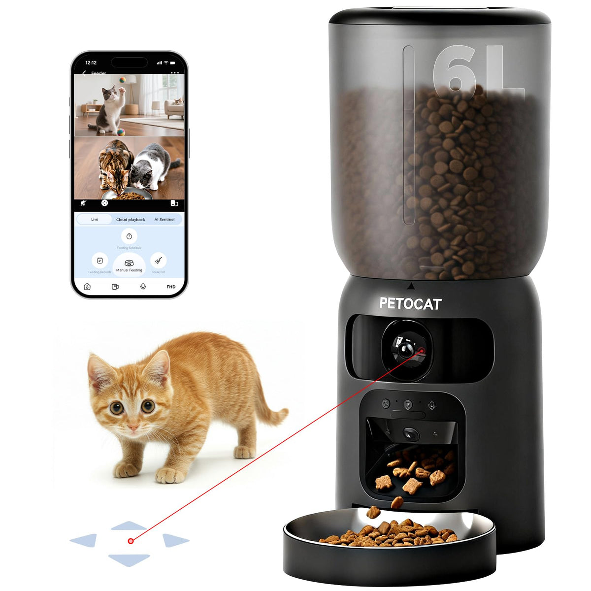 PETOCAT alimentador automático, vista frontal, gran capacidad para comida seca