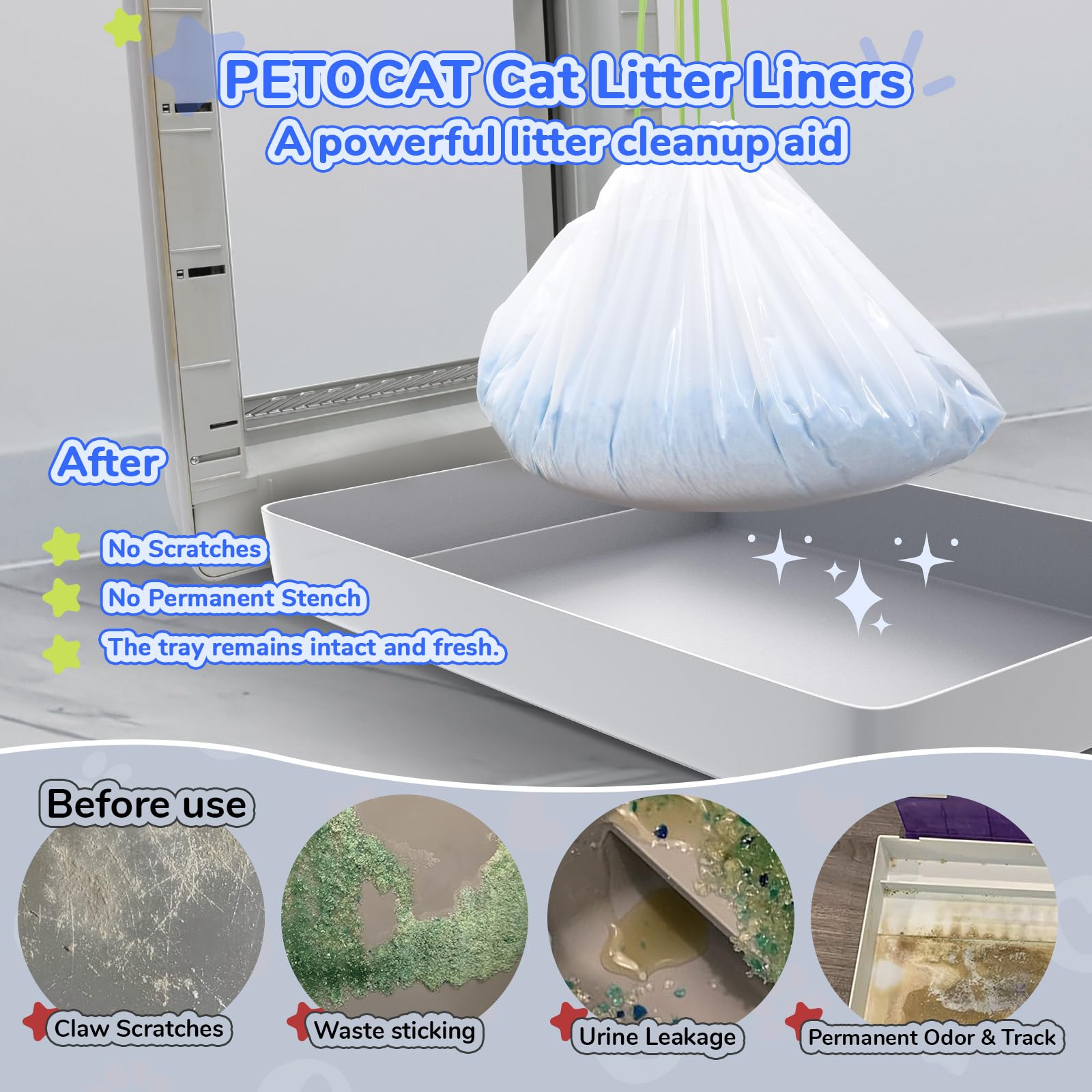 PETOCAT liner de 2 mil resistente, protege la bandeja y facilita la limpieza.