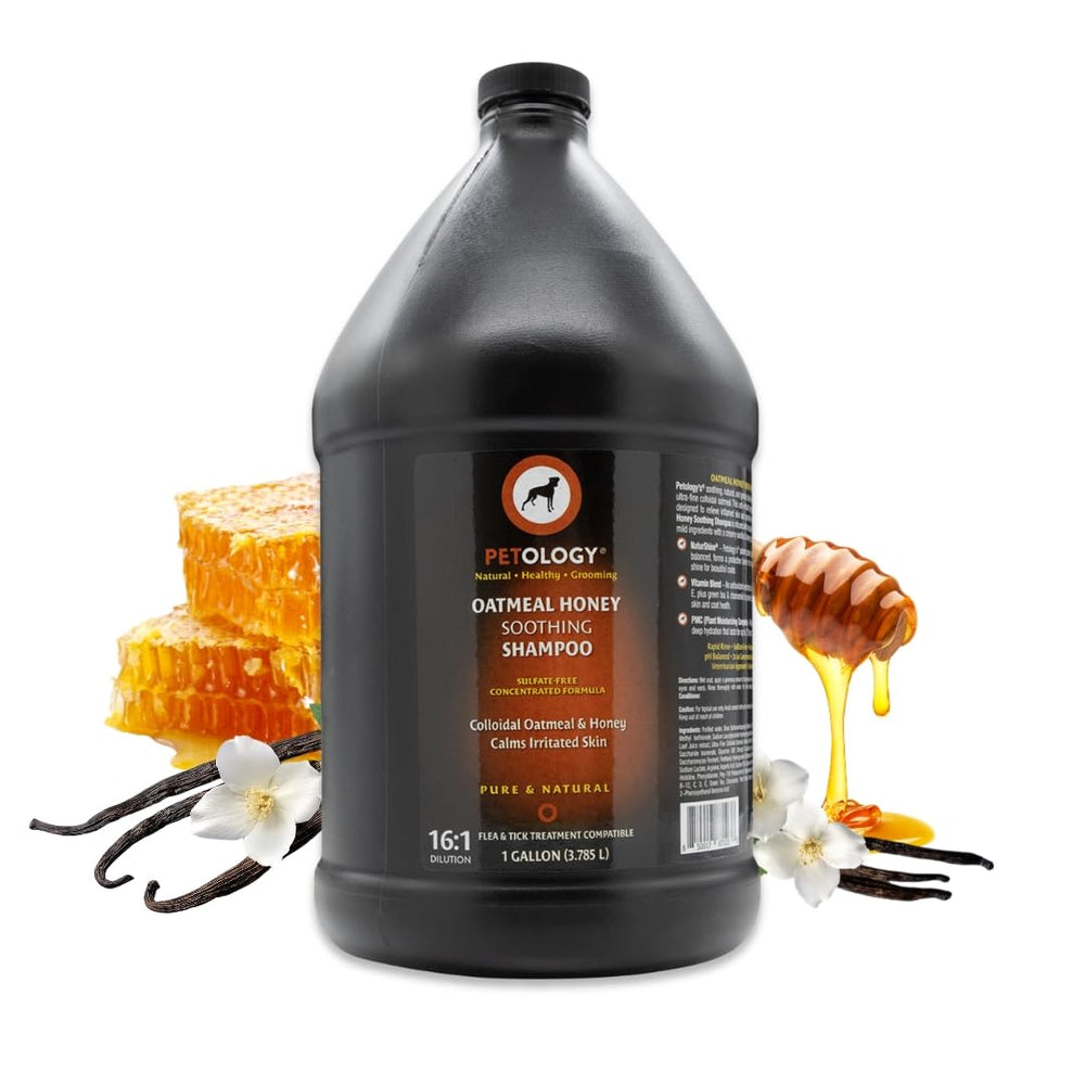 Petology Champú avena y miel, botella 128 oz, limpieza suave para perros con aroma duradero.