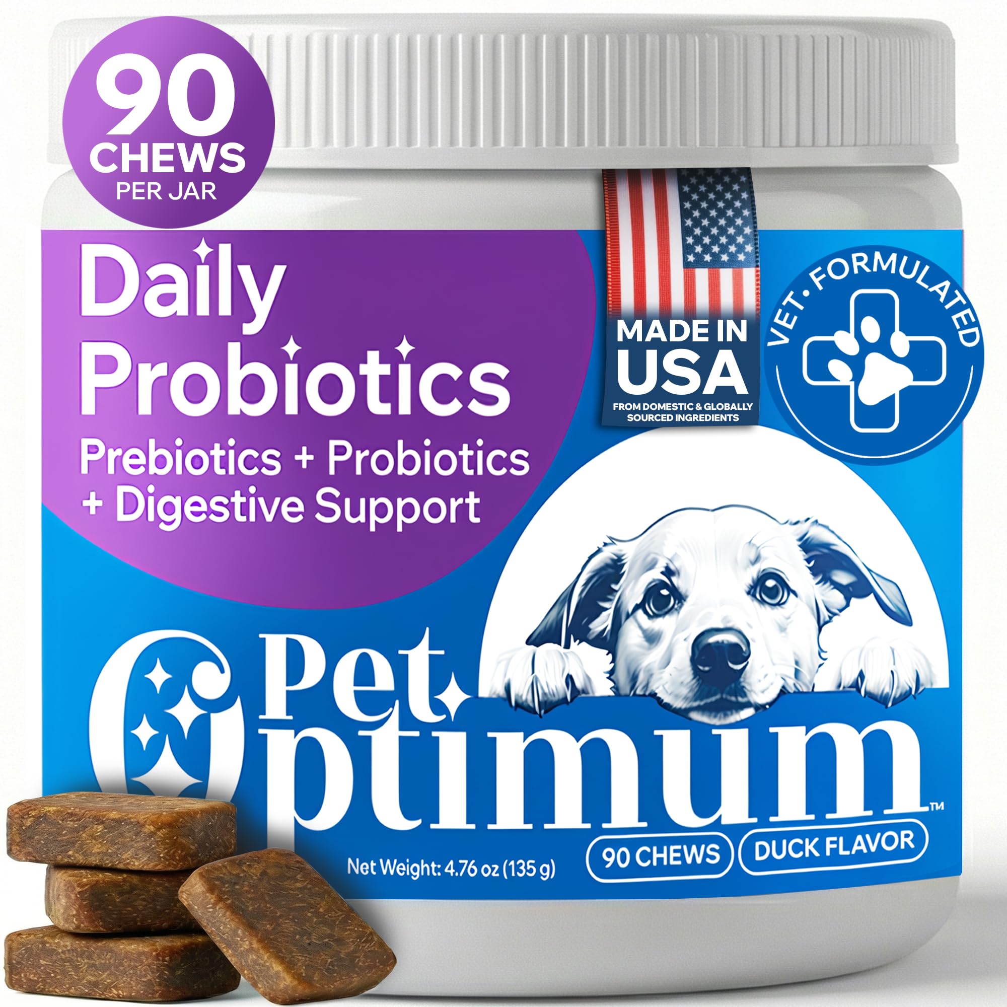 PetOptimum Probiotics para perros: bocaditos sabor pato que apoyan la salud intestinal.