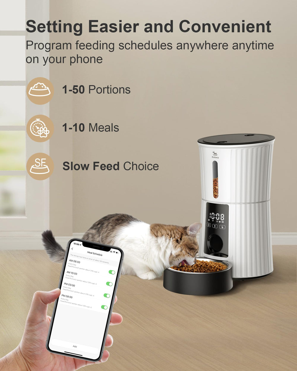 Petory con conectividad inalámbrica y aplicación para programar comidas.