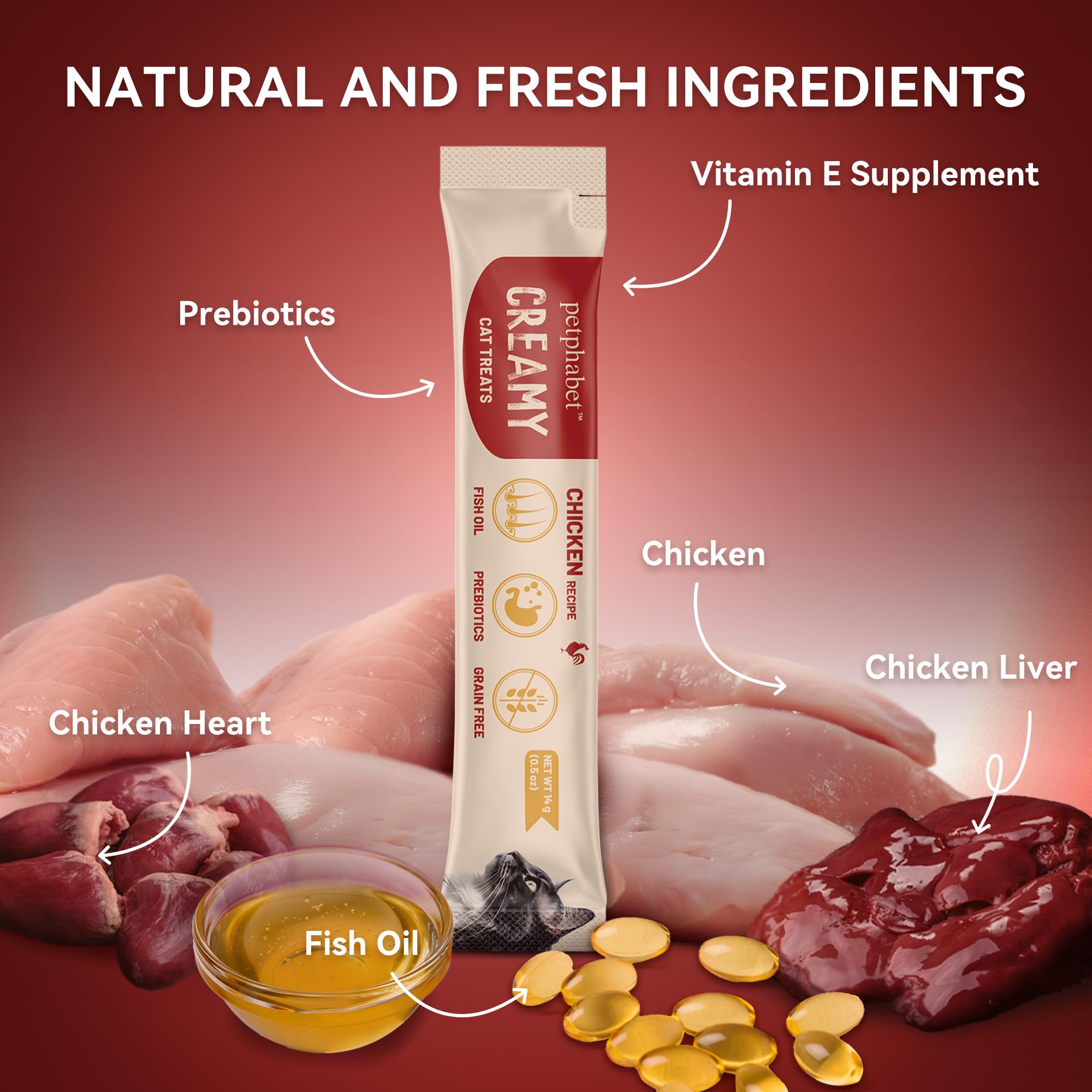 PETPHABET gato lamiendo tubo de pollo, snack sabroso y fácil