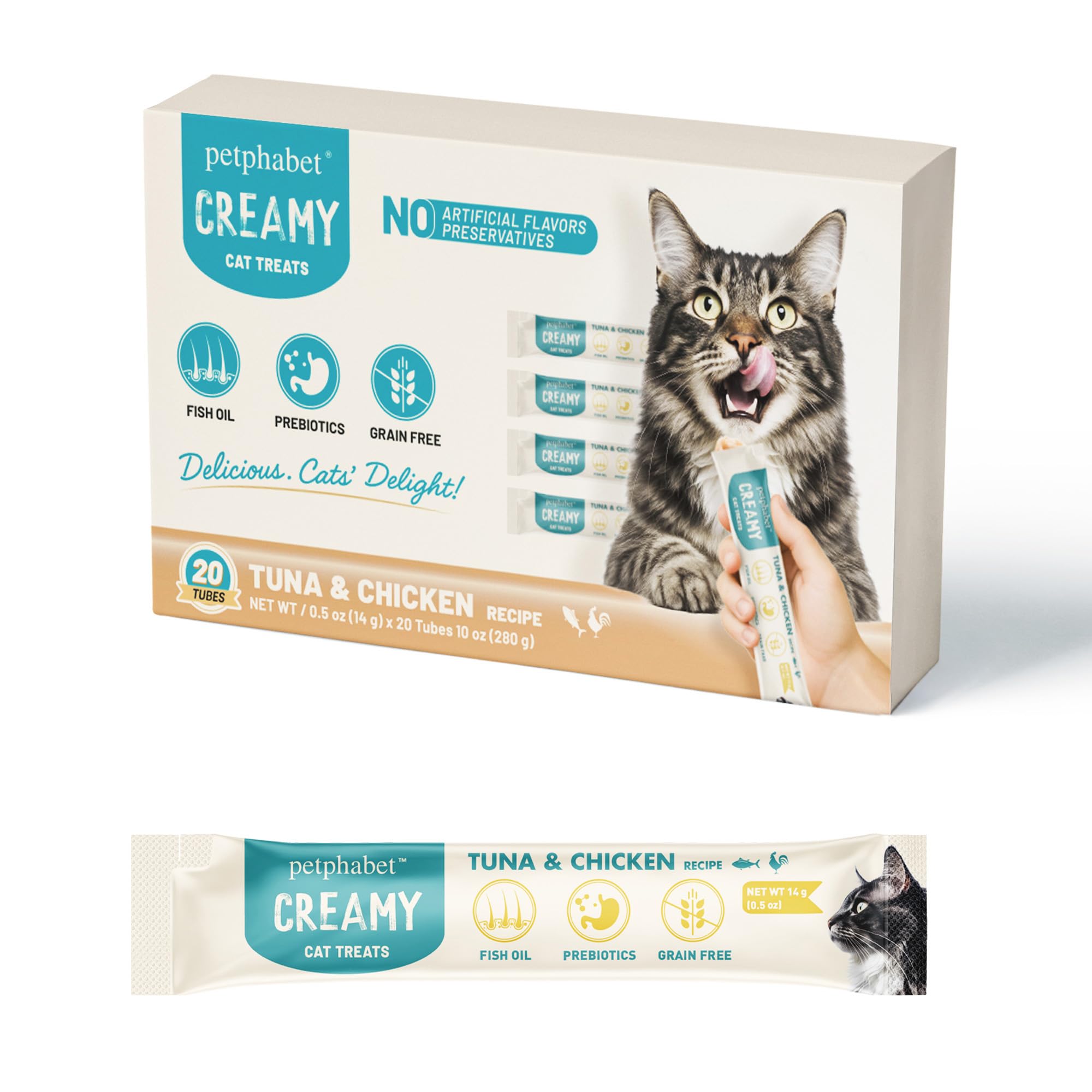 PETPHABET tubitos sabor atún y pollo para premiar e hidratar gatos.