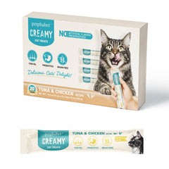PETPHABET tubitos sabor atún y pollo para premiar e hidratar gatos.