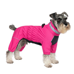 PetPromate trajes de nieve para perros rosa, vista frontal, protección contra lluvia y viento.