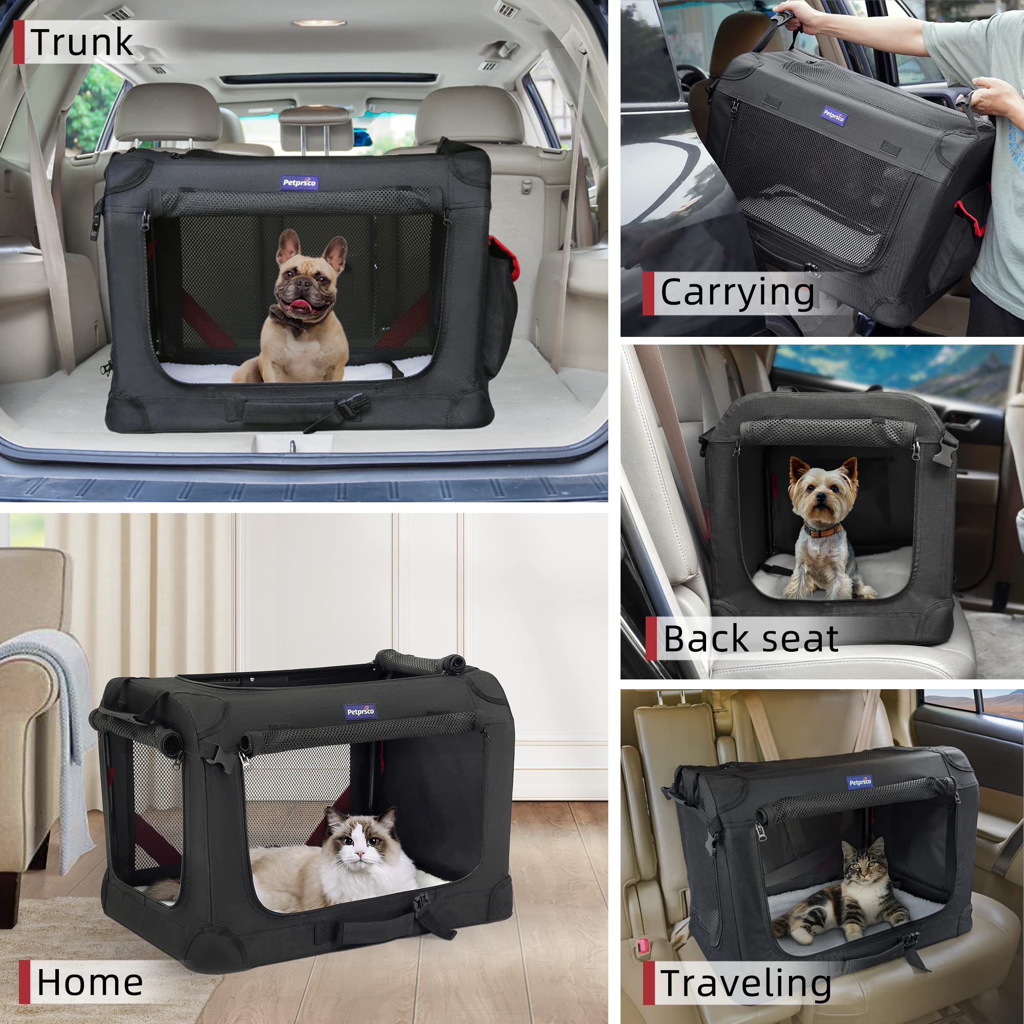 Petprsco transportín versátil para uso en coche o en casa.