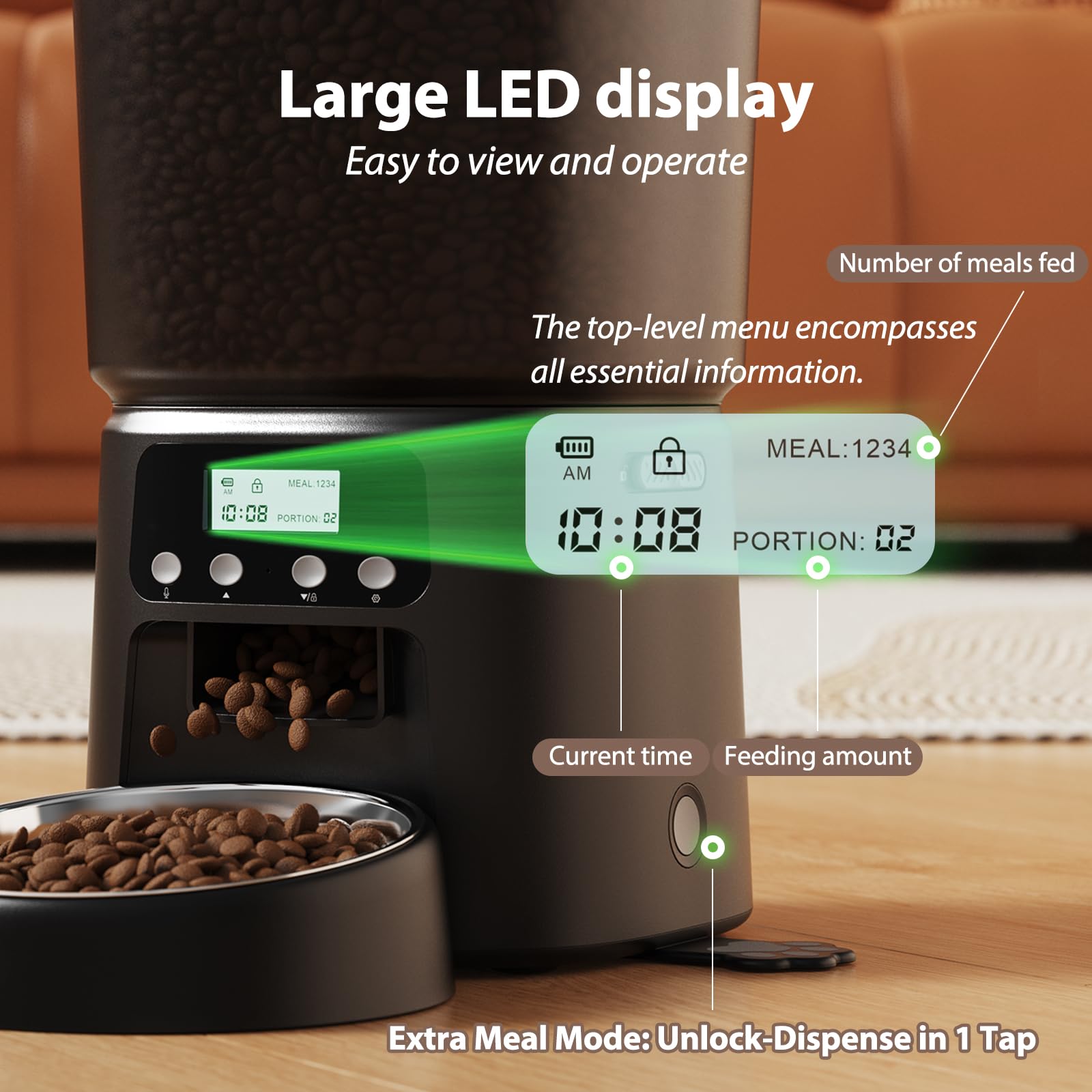 Petrice controla porciones de hasta 30 raciones por comida para alimentación precisa.