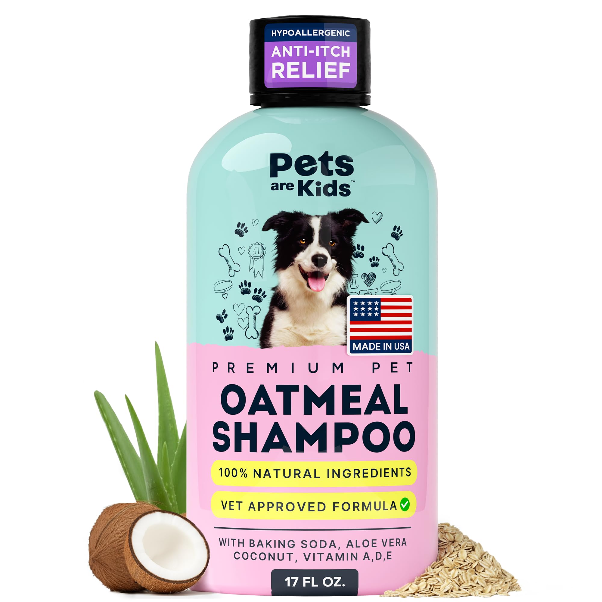 Envase del champú Pets Are Kids Too para perros con ingredientes de avena y bicarbonato, cuidado suave