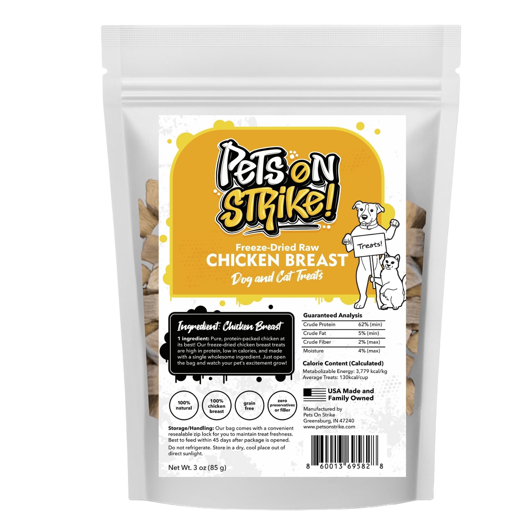 PETS ON STRIKE pechuga de pollo liofilizada en empaque, snack saludable para mascotas.
