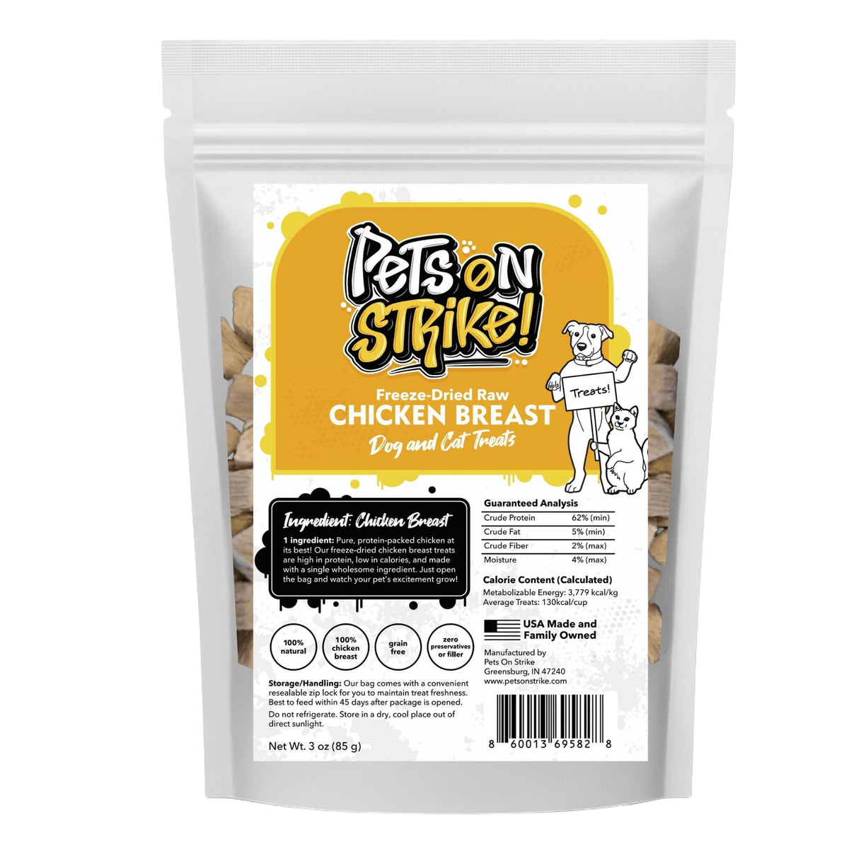 PETS ON STRIKE pechuga de pollo liofilizada en empaque, snack saludable para mascotas.
