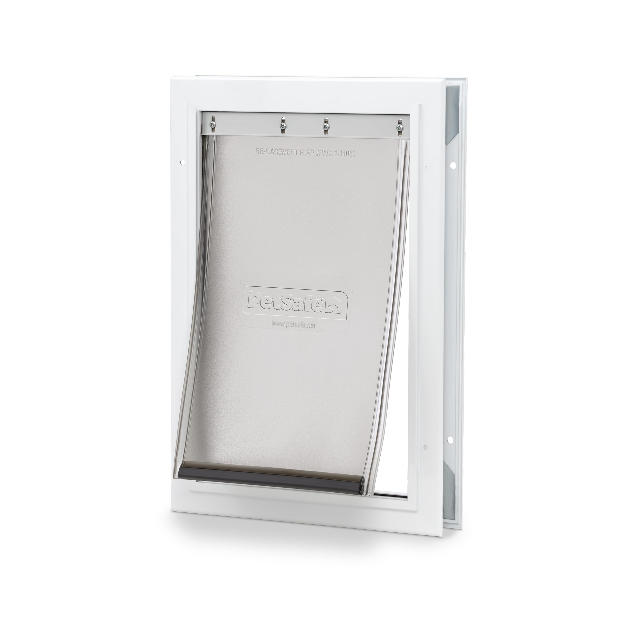 PetSafe puerta de aluminio blanca para perros y gatos, facilita movilidad y acceso.