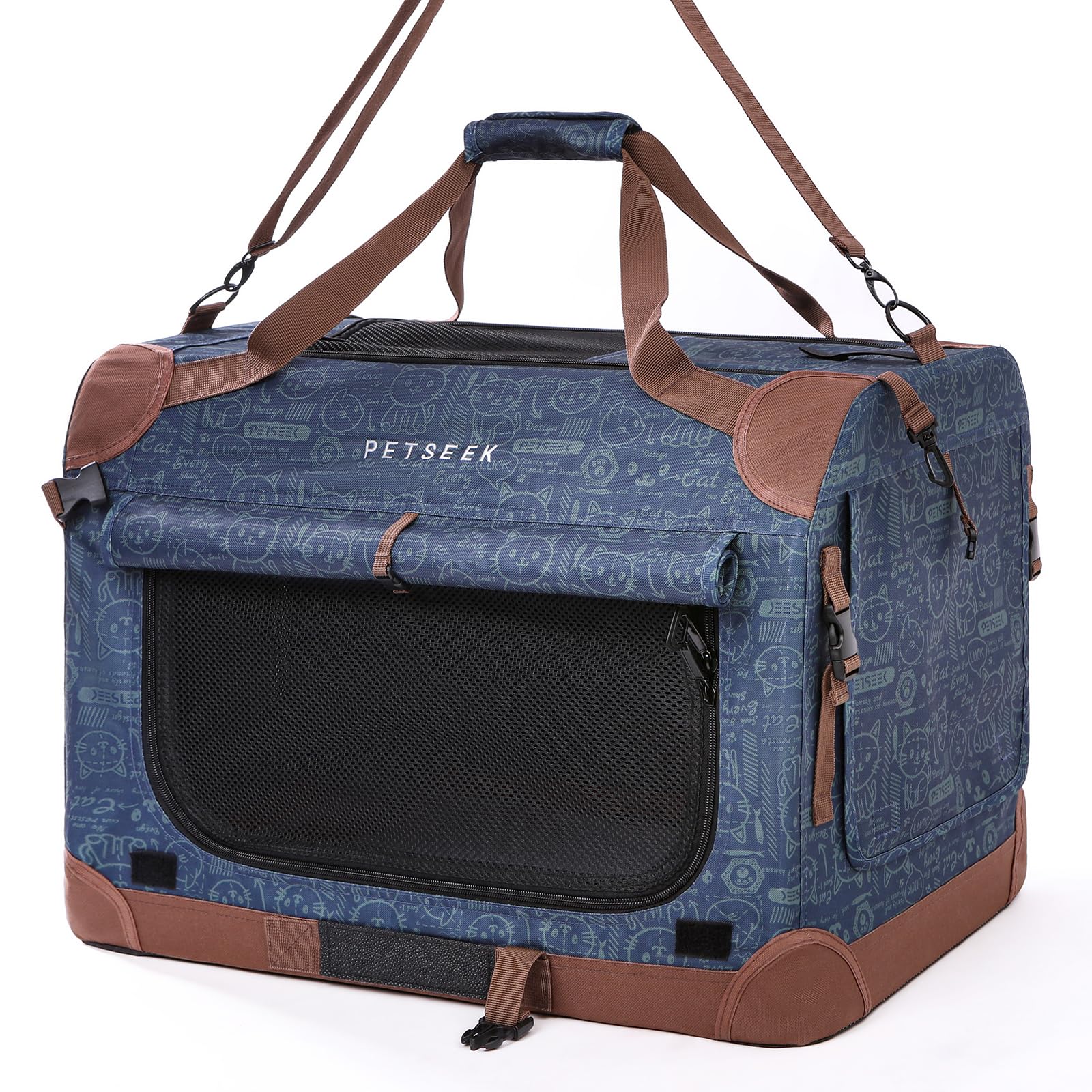 Transportín Petseek con malla de ventilación para flujo de aire constante y visibilidad.