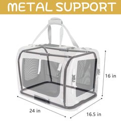 Transportín Petseek con aperturas superior y frontal para entrada rápida y manejo cómodo.