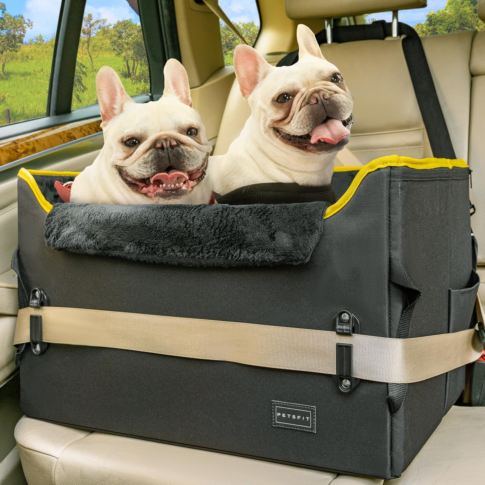 Petsfit asiento elevador para perro en coche, enfocado en comodidad para perros medianos.