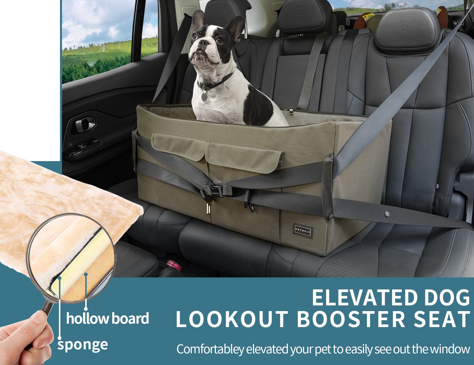 Petsfit asiento para perro mediano hasta 25 kg, perfecto para viajes confiables.