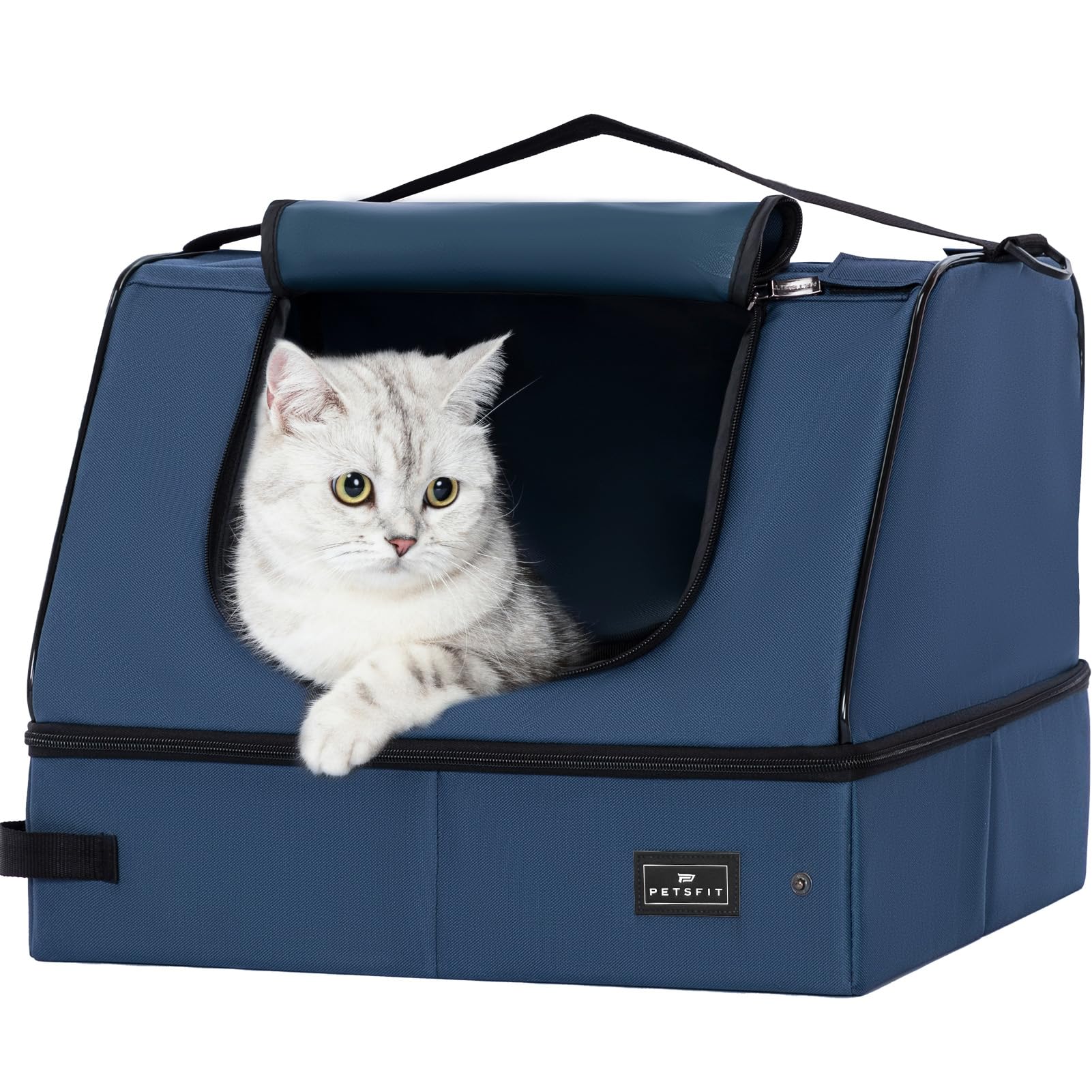 PETSFIT bandeja de arena portátil con tapa, ideal para viajes y hoteles sin derrames.