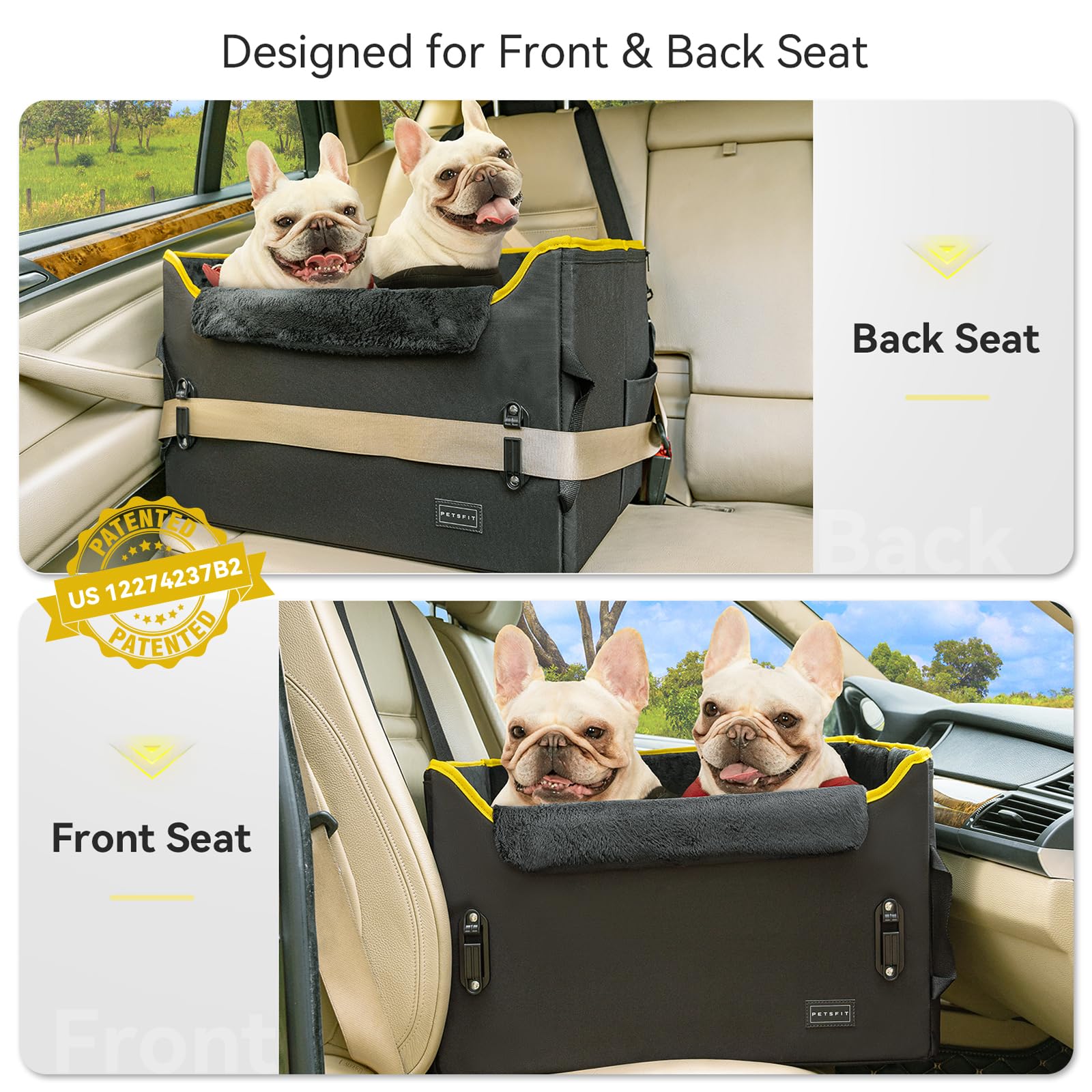 Petsfit broches patentados de seguridad que fijan cinturones y estabilidad.