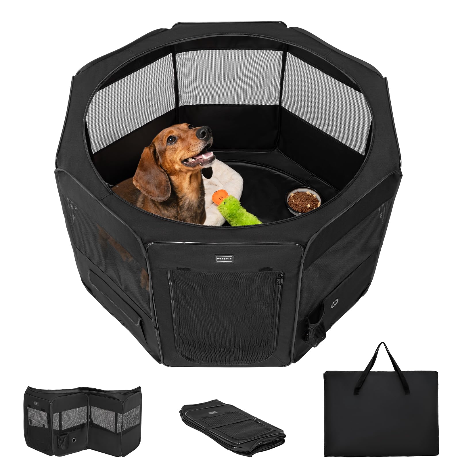 PETSFIT corral portátil para perros, vista frontal, espacio seguro para juego en casa