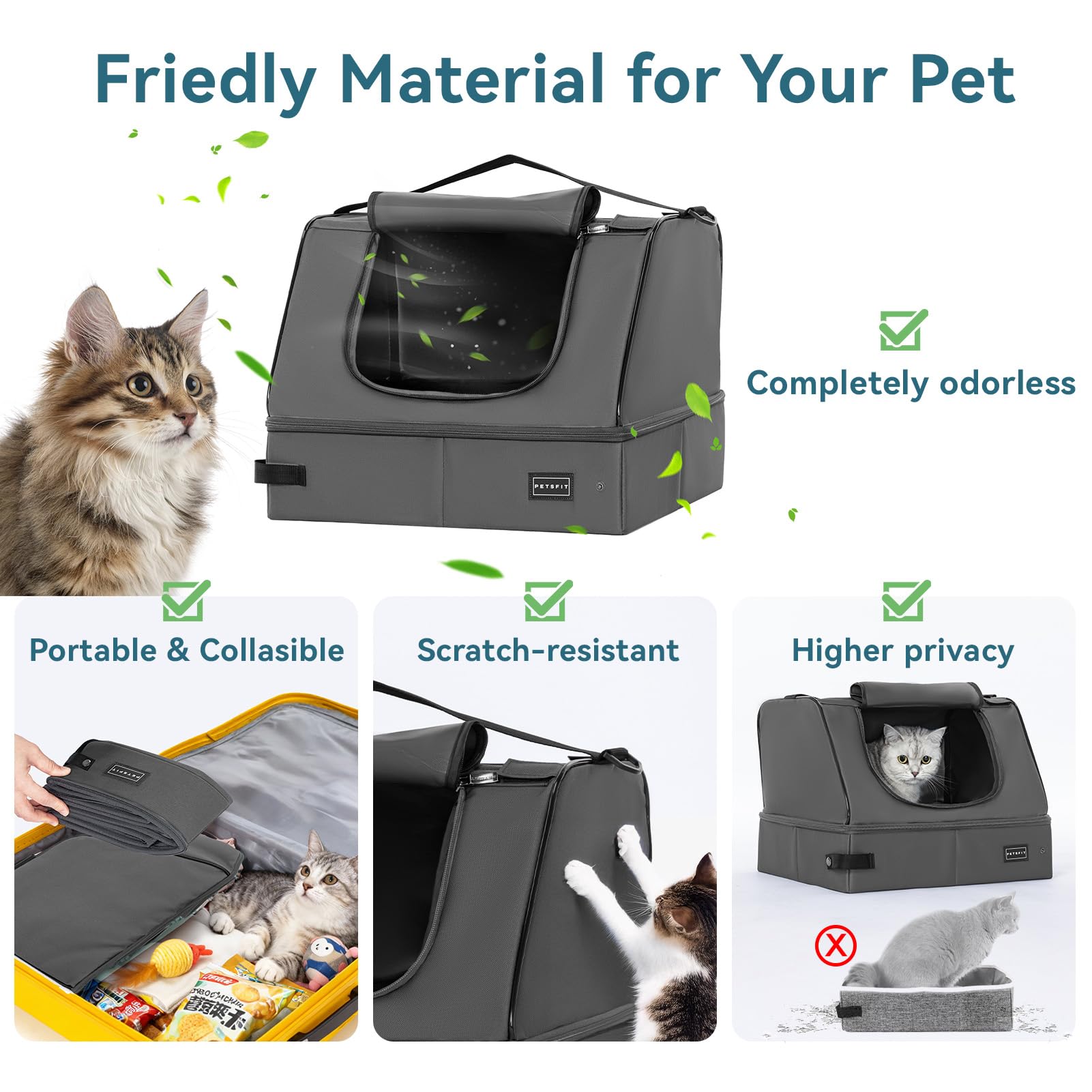 Petsfit: entrada con puerta y cierre para evitar derrames en caja de arena para gato.