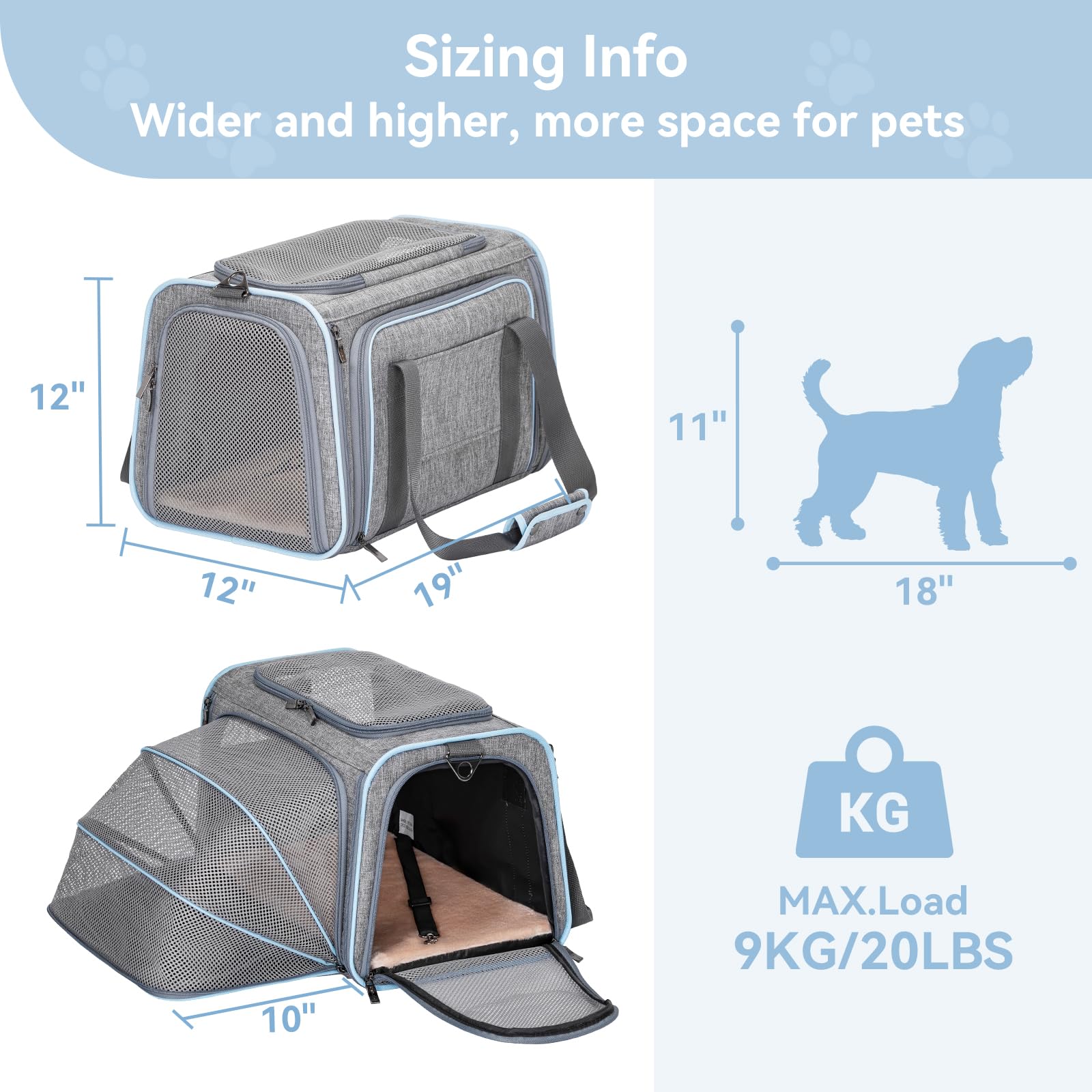 Petsfit Transportín Expandible, expansión visible para espacio adicional y cómodo.