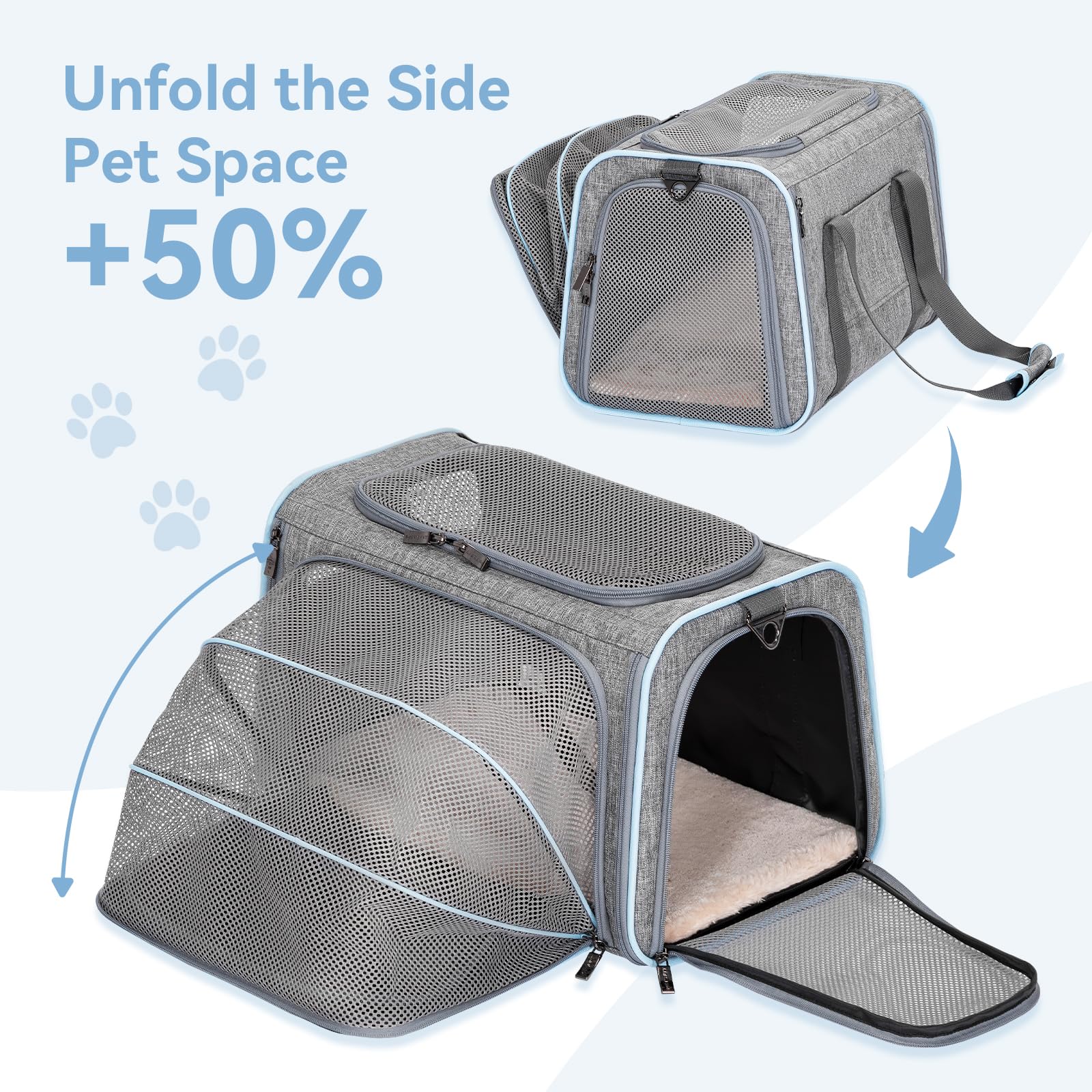Petsfit Transportín Expandible, ventilación de malla para flujo de aire y visibilidad.