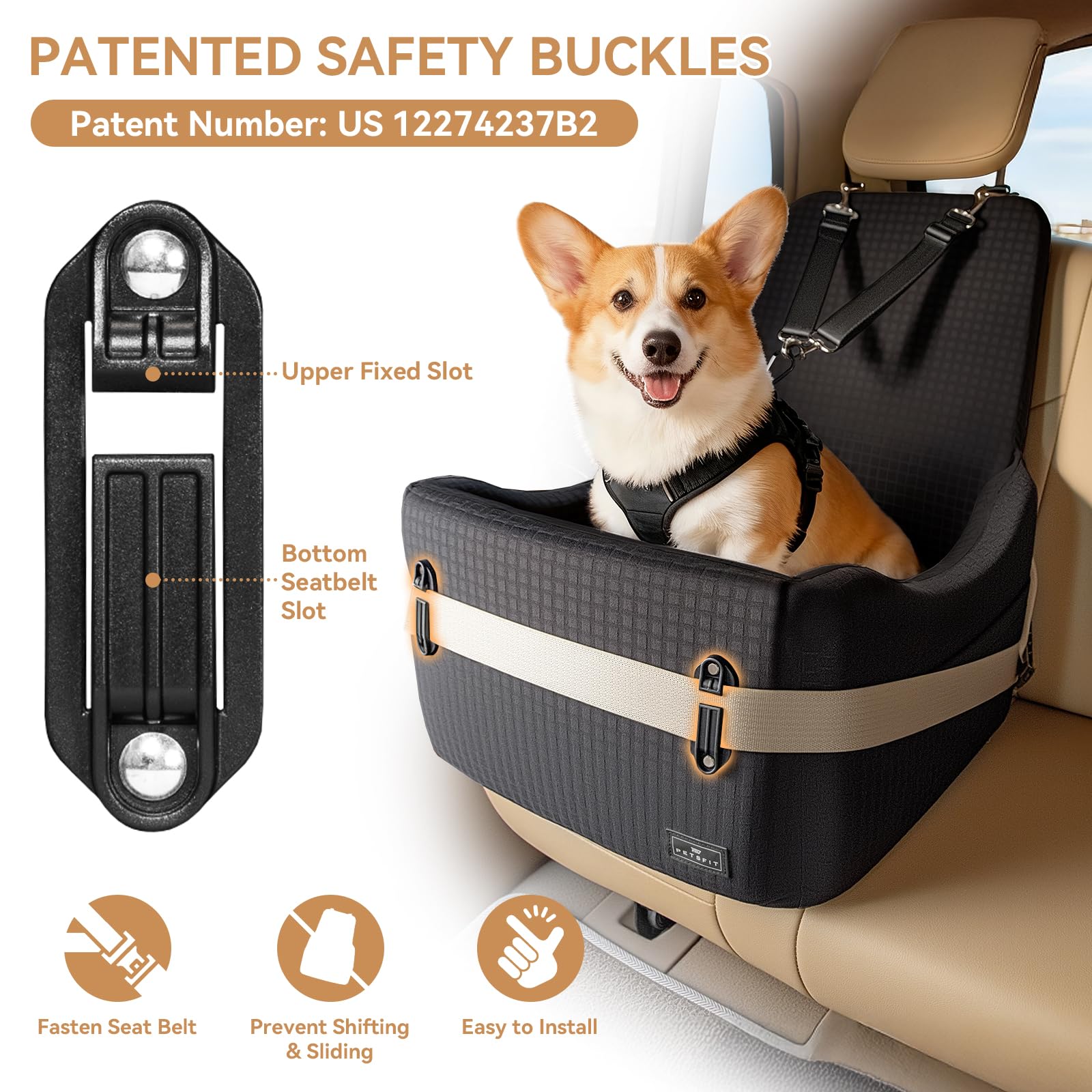 PETSFIT hebilla-seguridad patentada: cierre seguro para tranquilidad en cada trayecto.