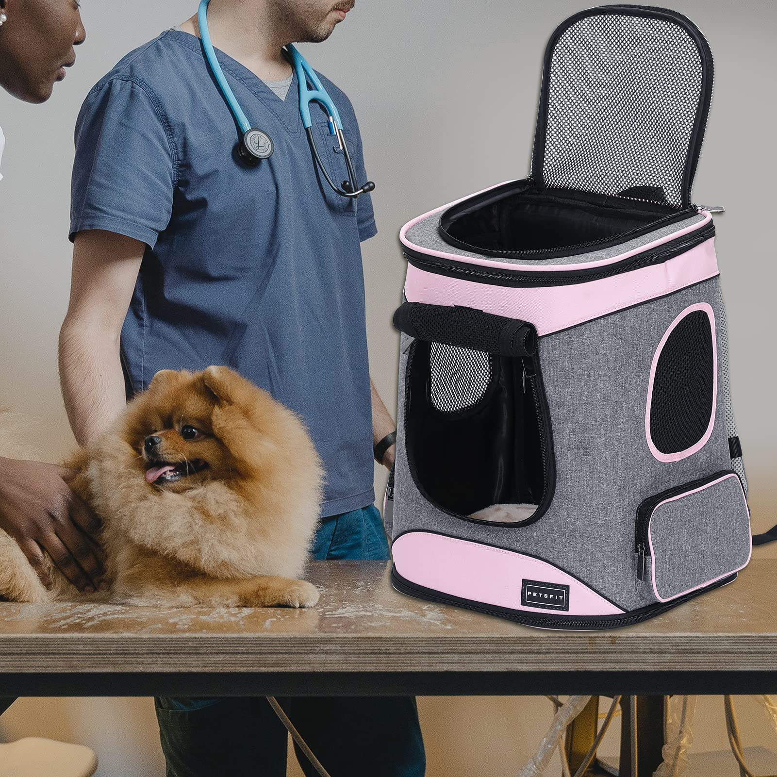 Petsfit mochila con bolsillos laterales para accesorios.