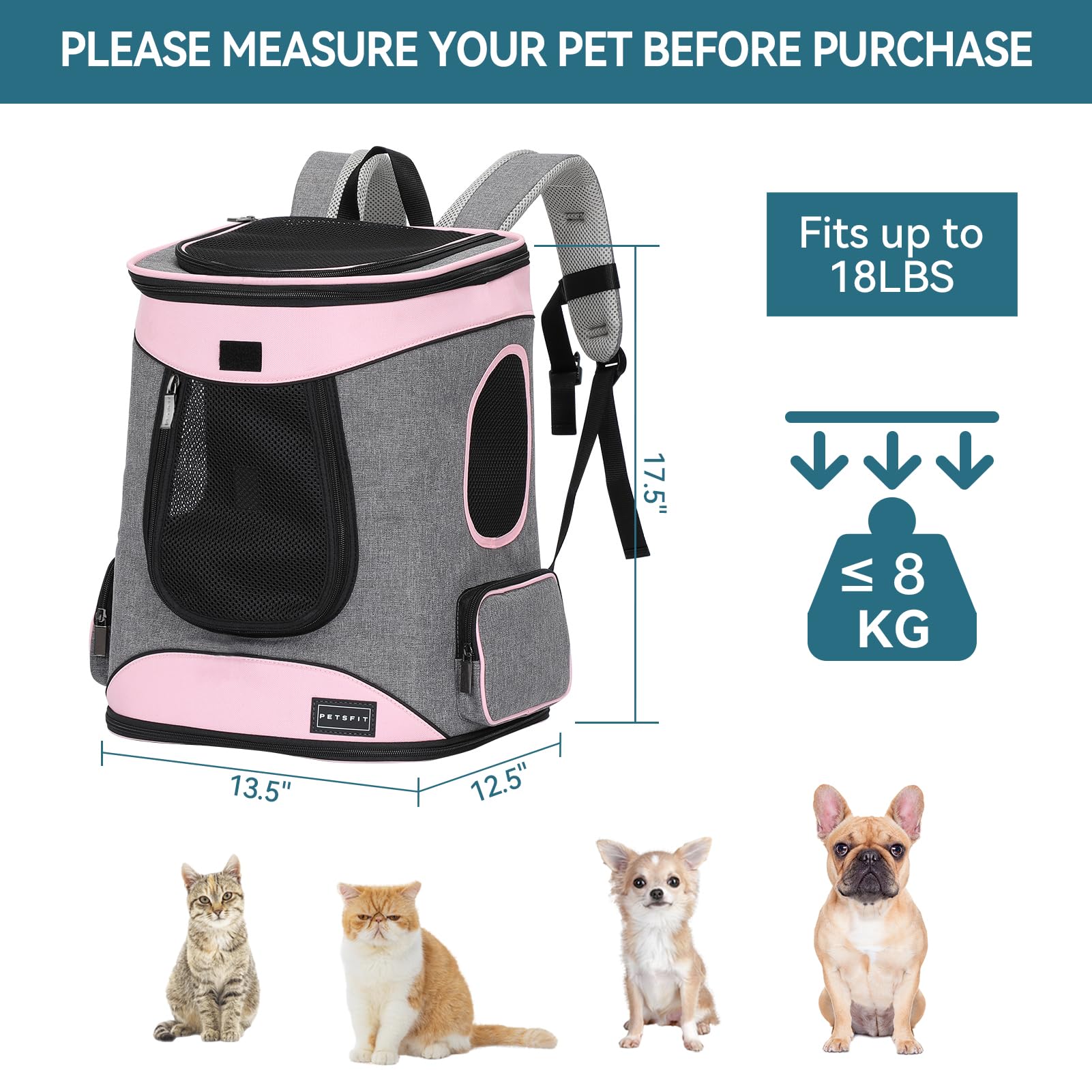 Petsfit mochila: dimensiones amplias para transporte seguro de mascotas.