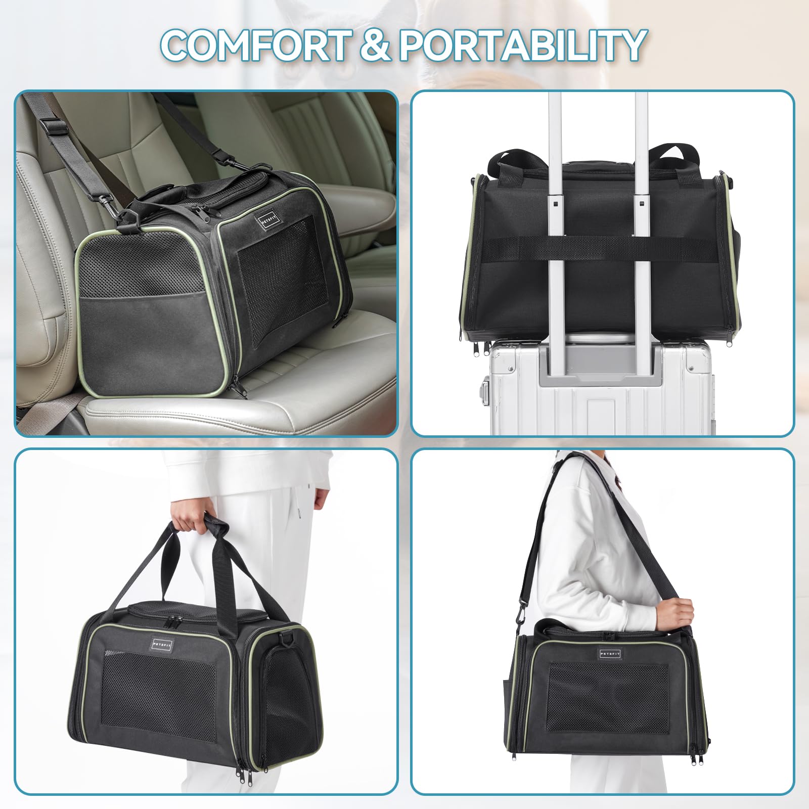 Transportín Petsfit con apertura superior y dos puertas laterales para facilitar entrada y salida.