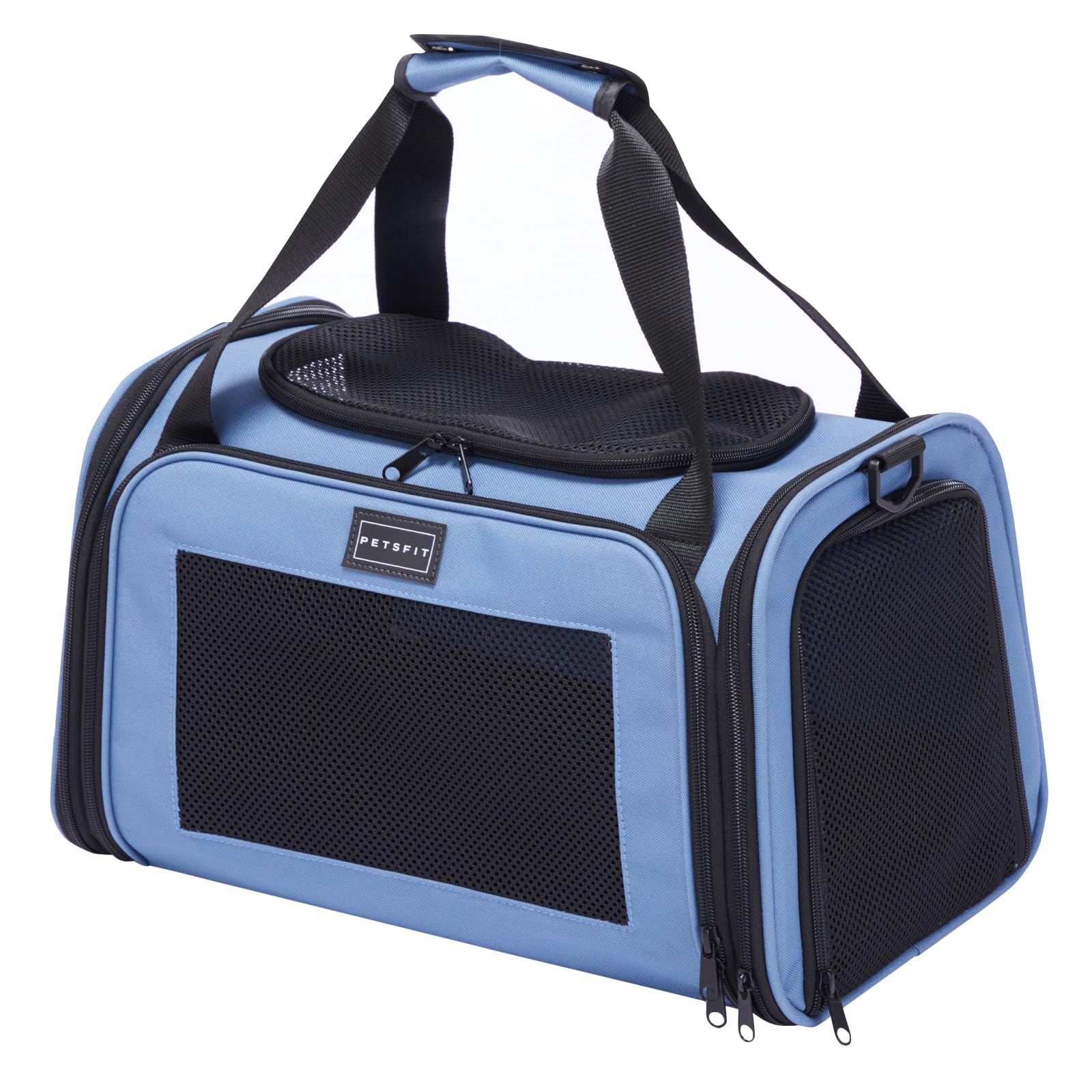 Transportín PETSFIT para mascotas bajo el asiento, ideal para viajar en avión.