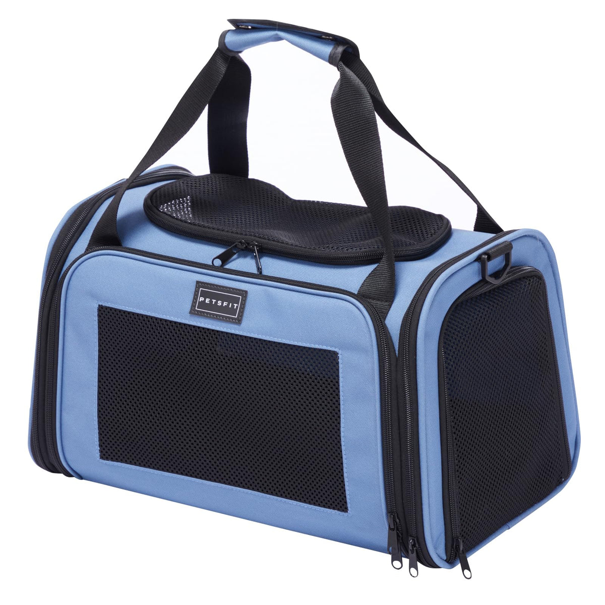 Transportín PETSFIT para mascotas bajo el asiento, ideal para viajar en avión.