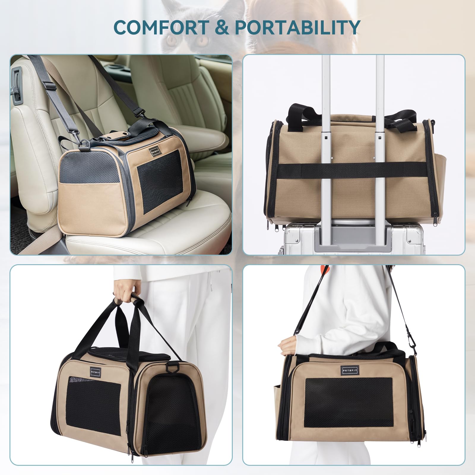 Petsfit transportín incluye tapete acolchado extensible para mayor comodidad durante el viaje.