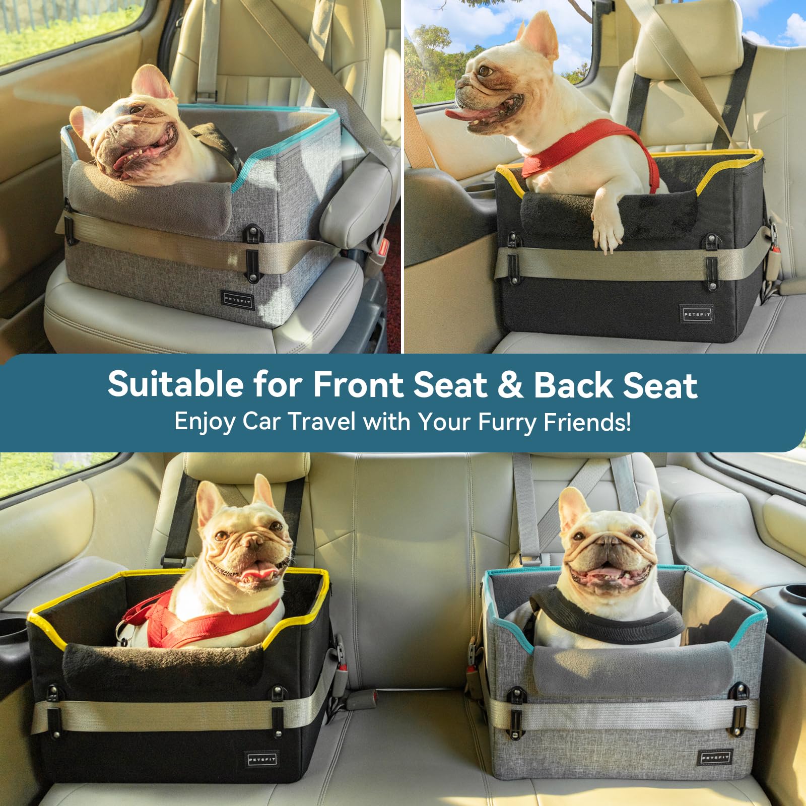 PETSFIT detalle de vista elevada para perro pequeño favorece seguridad y tranquilidad en el coche.