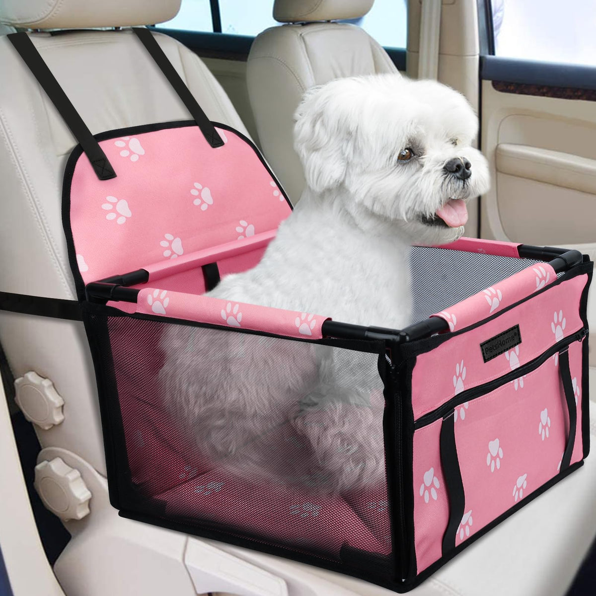 PetsHome: asiento para perro en coche plegable rosa, cómodo y estable para viajes.