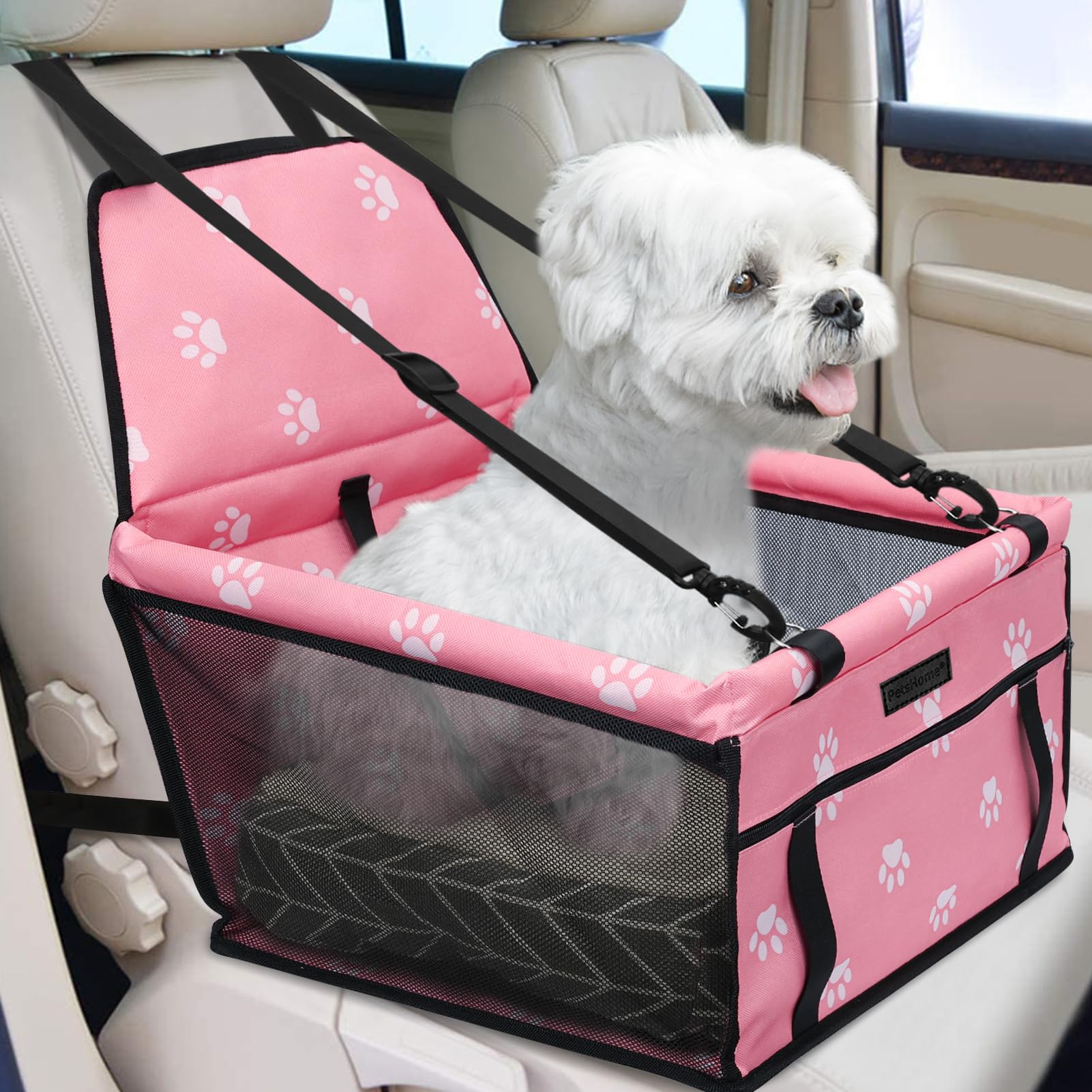 PetsHome asiento para perros en coche rosa, cómodo y seguro para paseos